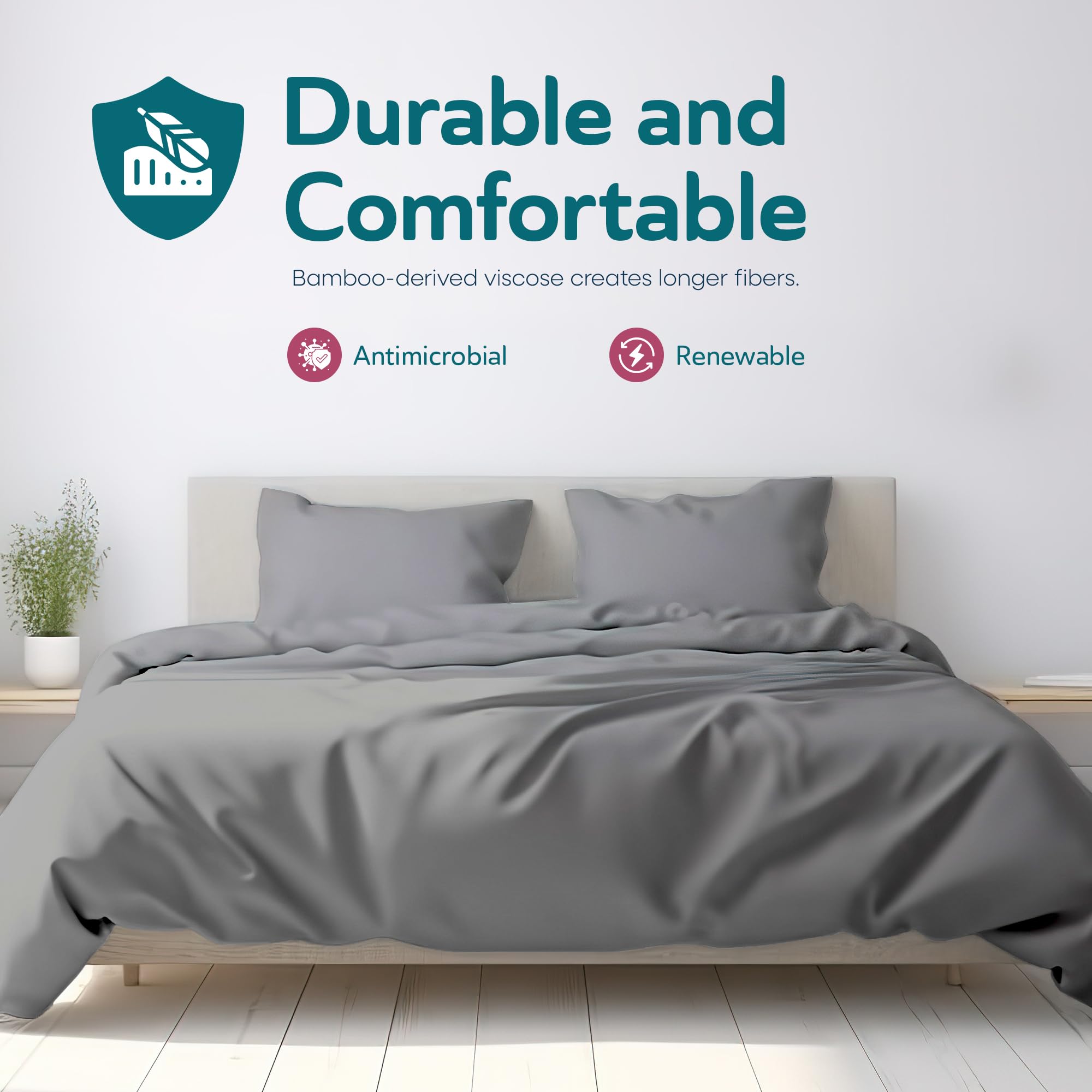 Sleepgram Viscose Fiber Queen Size Sheet Set - 4 Piece Bedding with Flat Sheet, Fitted Sheet & 2 Pillowcases - Breathable & Soft for Comfortable Sleep - Grey Stone - Perfect for Master Bedroom, Guest Room & Vacation Homes