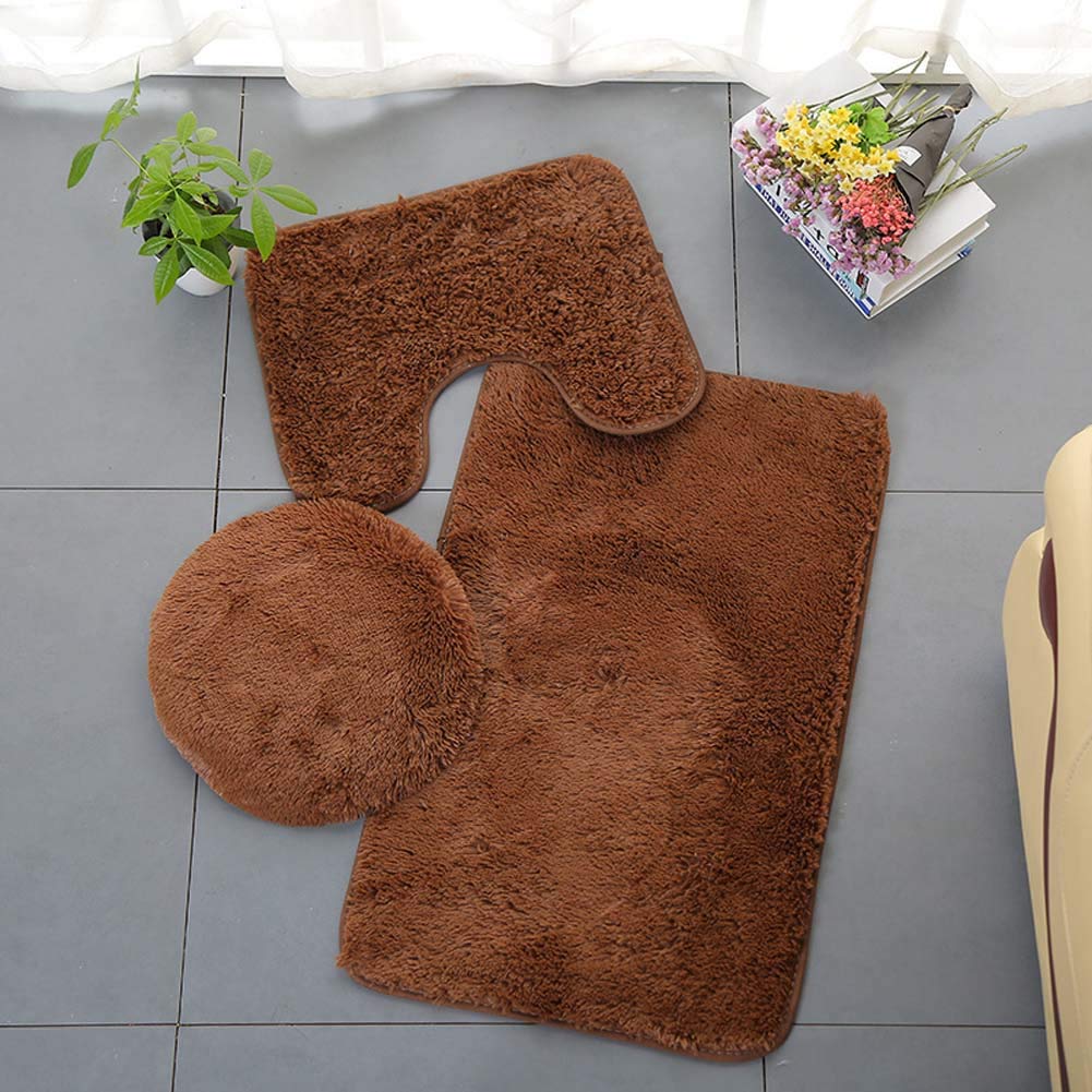 ESUPPORT 3-Piece Solid Color Bathroom Rug Set - Soft, Absorbent, Non-Slip Bath Mat & Toilet Lid Cover - Washable Brown - Perfect for Bathroom, Shower, and Toilet Area