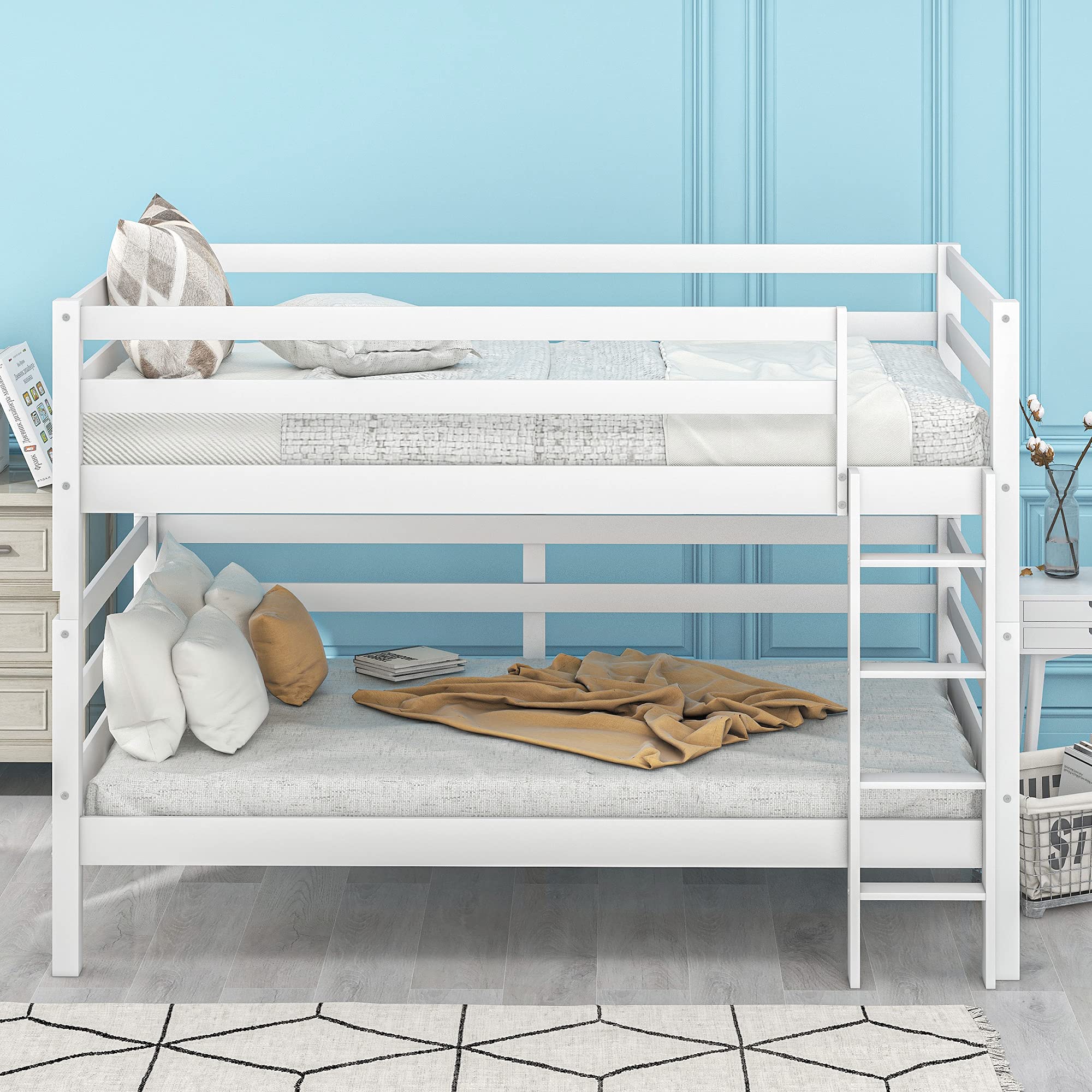 Modern Wood Twin Over Twin Bunk Bed with Ladder & Guardrails - Convertible to 2 Separate Beds for Kids & Teens - No Box Spring Needed (White & Wood Finish) - Perfect for Small Bedrooms, Guest Rooms & Dormitories