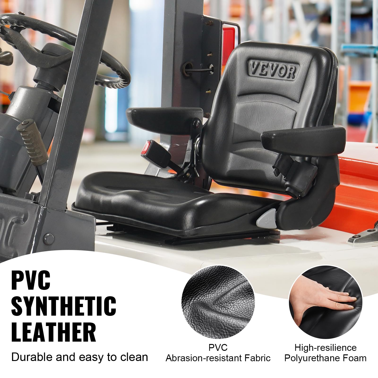 VEVOR Universal Forklift Seat - Adjustable Angle Back, Fold Down Tractor Seat with Micro Switch, Seatbelt & Armrests - Fits 6.3-13.4 inch Slot for Tractor, Loader, Excavator - Perfect for Construction, Farming & Heavy Equipment Operations