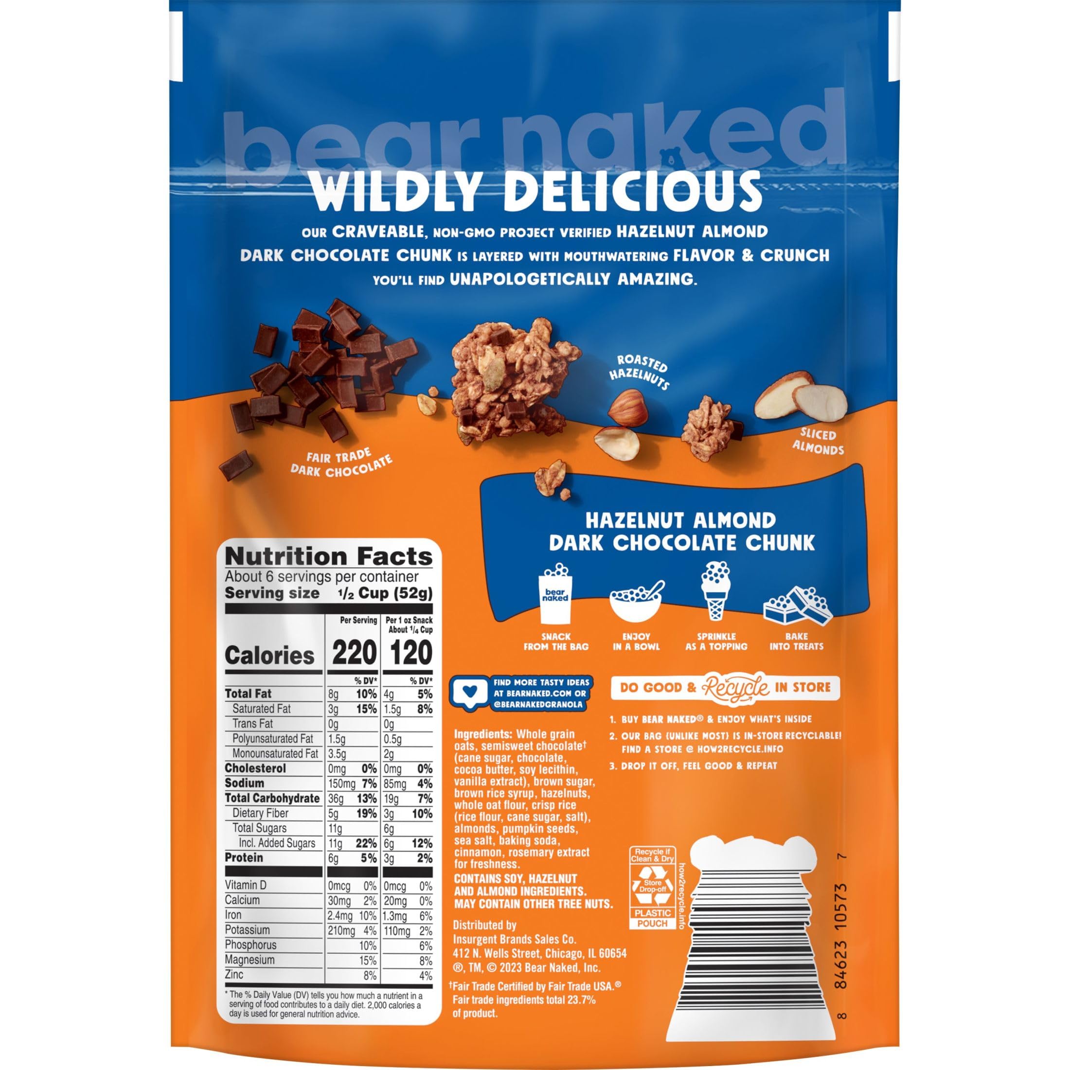 Bear Naked Granola Cereal - Whole Grain Granola with Hazelnut, Almond & Dark Chocolate Chunks (6 Bags) - Healthy Breakfast Snacks for On-the-Go, Office or School Lunch