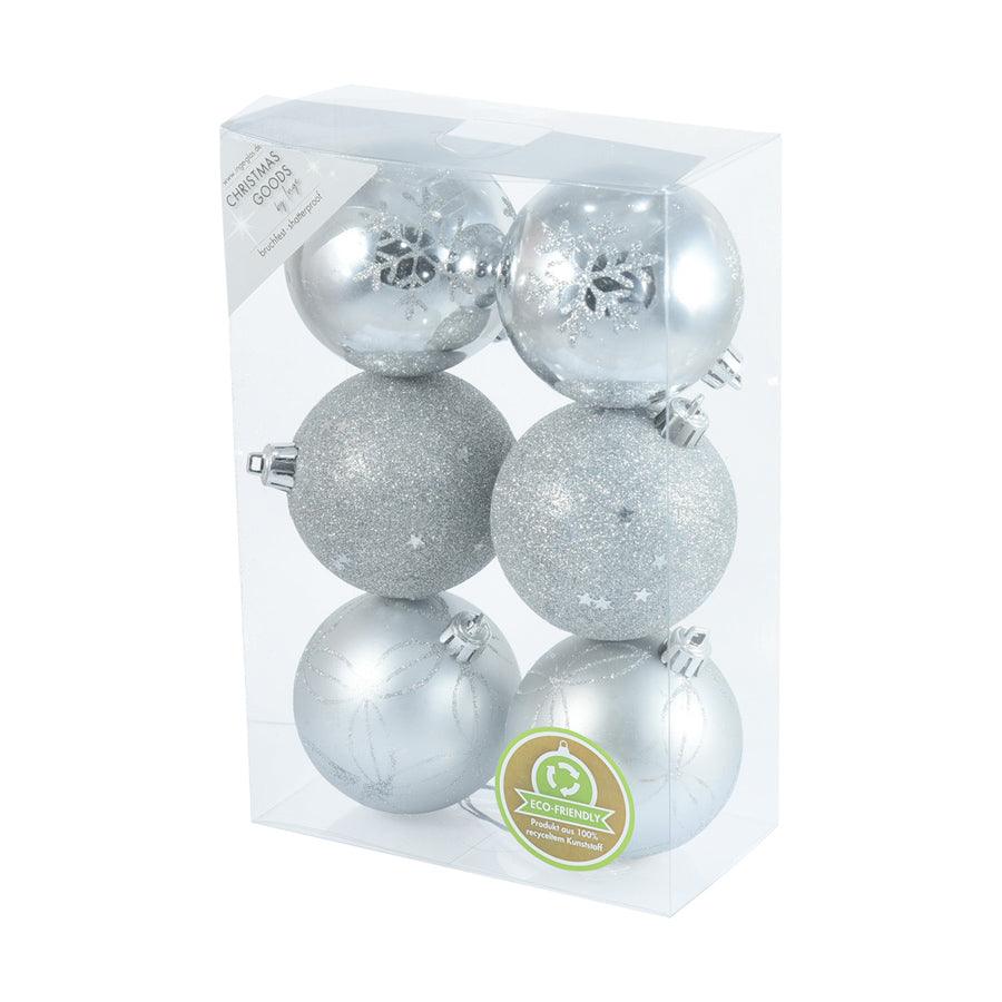 INGE Goodz Silver Ornament Balls - Set of 6 (8cm/3.1in) - Elegant Christmas Tree Decorations, Holiday Party Decor, Home & Office Decorative Accents