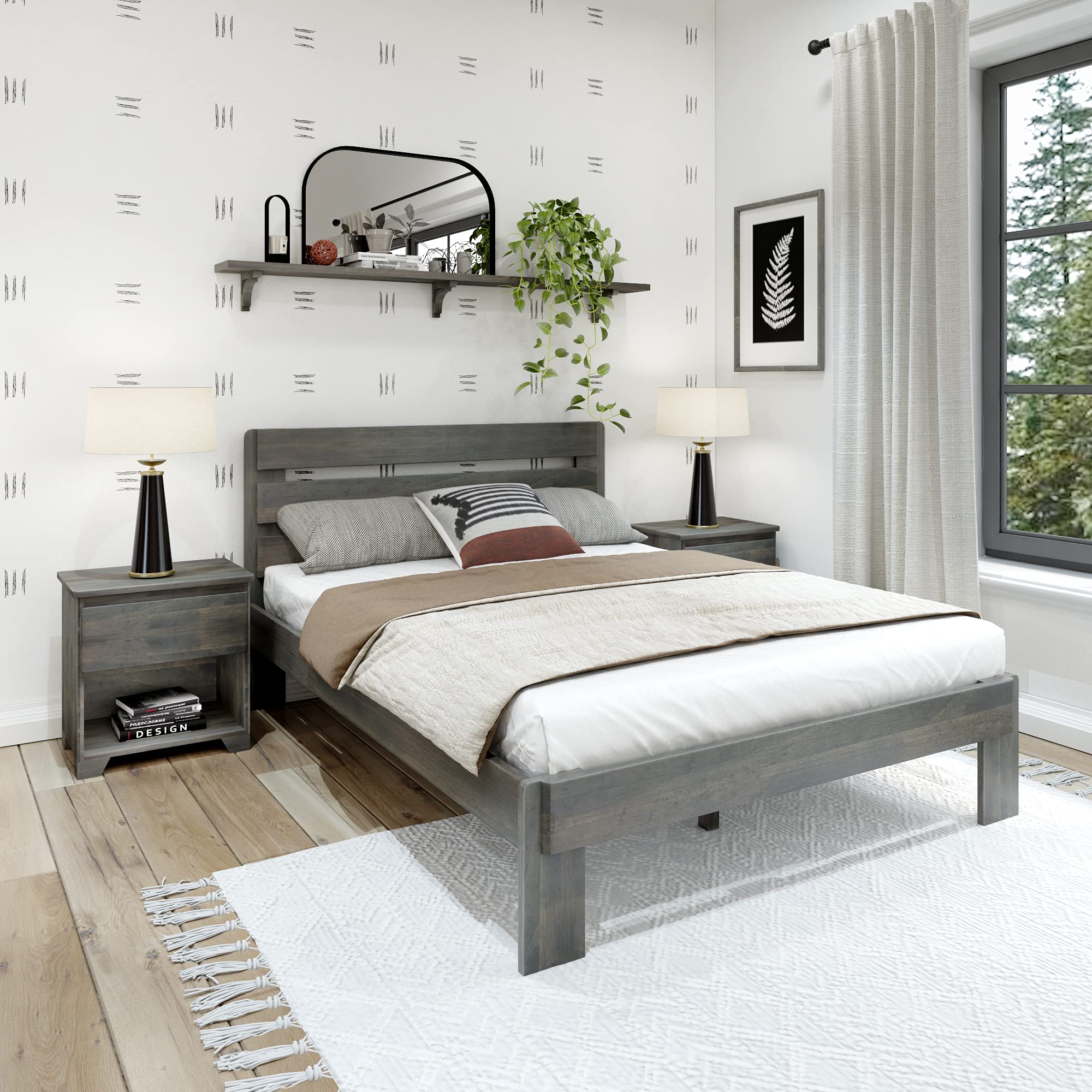 Rustic Wood Queen Bed Frame with Headboard - Solid Platform Bed, Slatted Design, Driftwood Finish | Perfect for Farmhouse, Coastal & Modern Bedroom Decor
