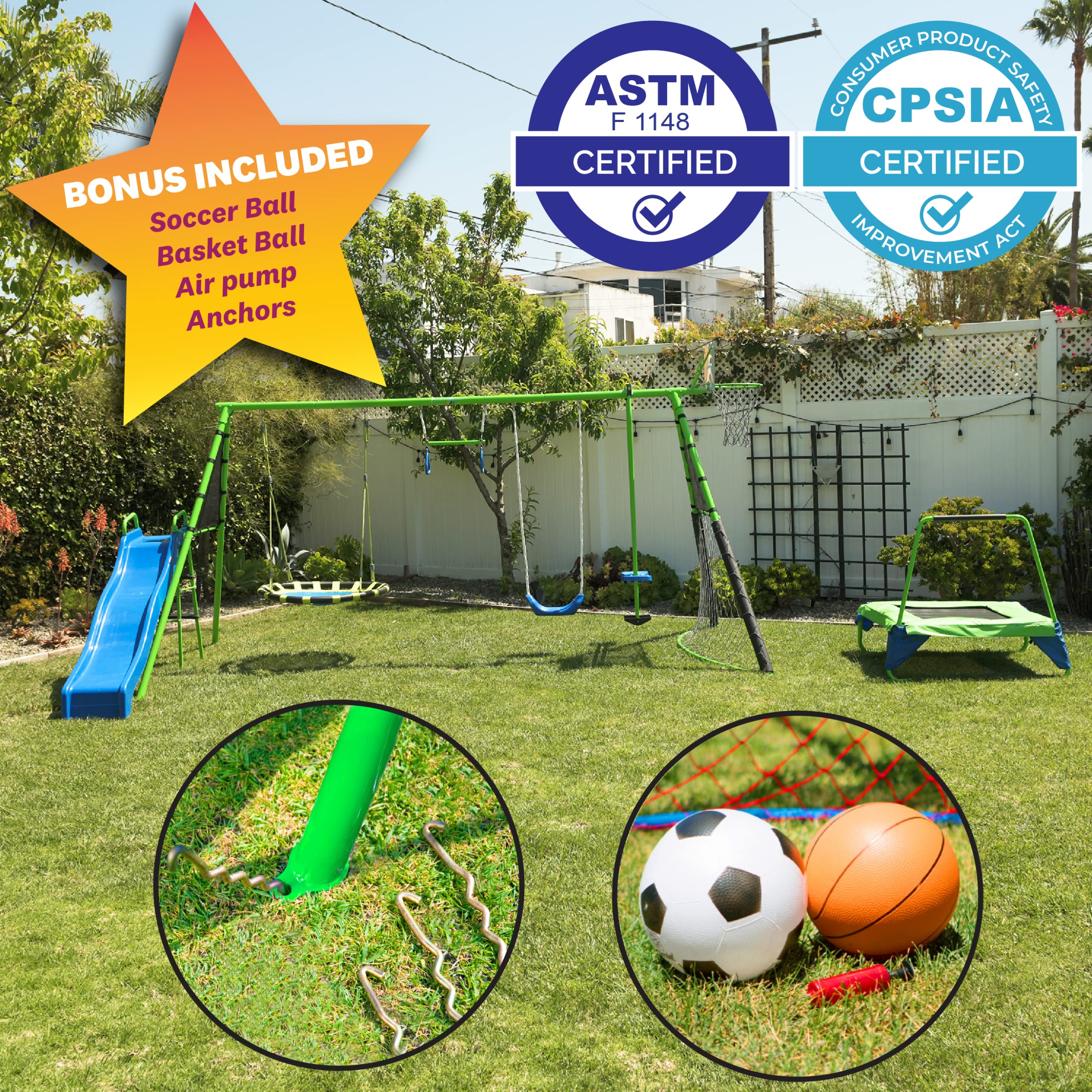 8 Station Outdoor Playground Set with Swing, Slide, Monkey Bars, Basketball Hoop, Trampoline & Soccer - Perfect for Backyard Fun, Kids Outdoor Activities & Family Bonding Time