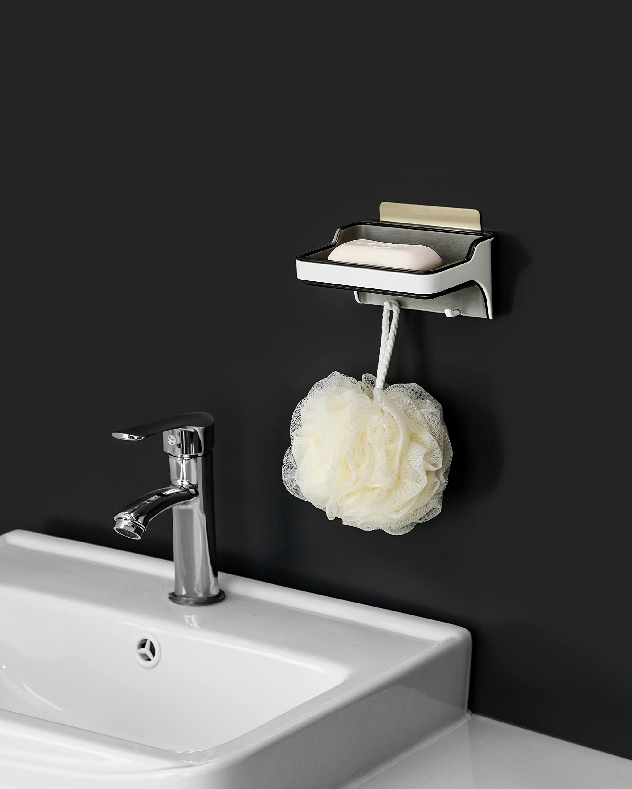 Wall Mounted Soap Dish with Hooks - No Drill Adhesive Soap Holder & Saver Tray with Drain for Shower, Bathroom, Kitchen | Bar Soap Organizer (White/Transparent Grey) - Perfect for Small Spaces & Travel