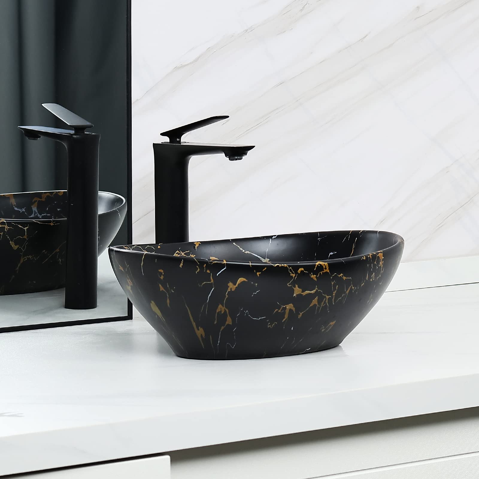 Davivy 16'' Matte Black Oval Vessel Sink - Ceramic Countertop Bathroom Sink for Modern Vanities