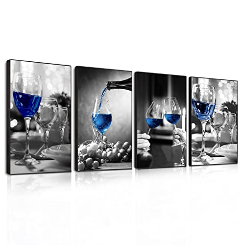 Modern Kitchen Wall Art Set - 4 Piece Canvas Wine Glasses Artwork with Aluminum Alloy Frame for Dining Room & Living Room Decor | Perfect for Home Bar, Wine Cellar & Entertaining Spaces