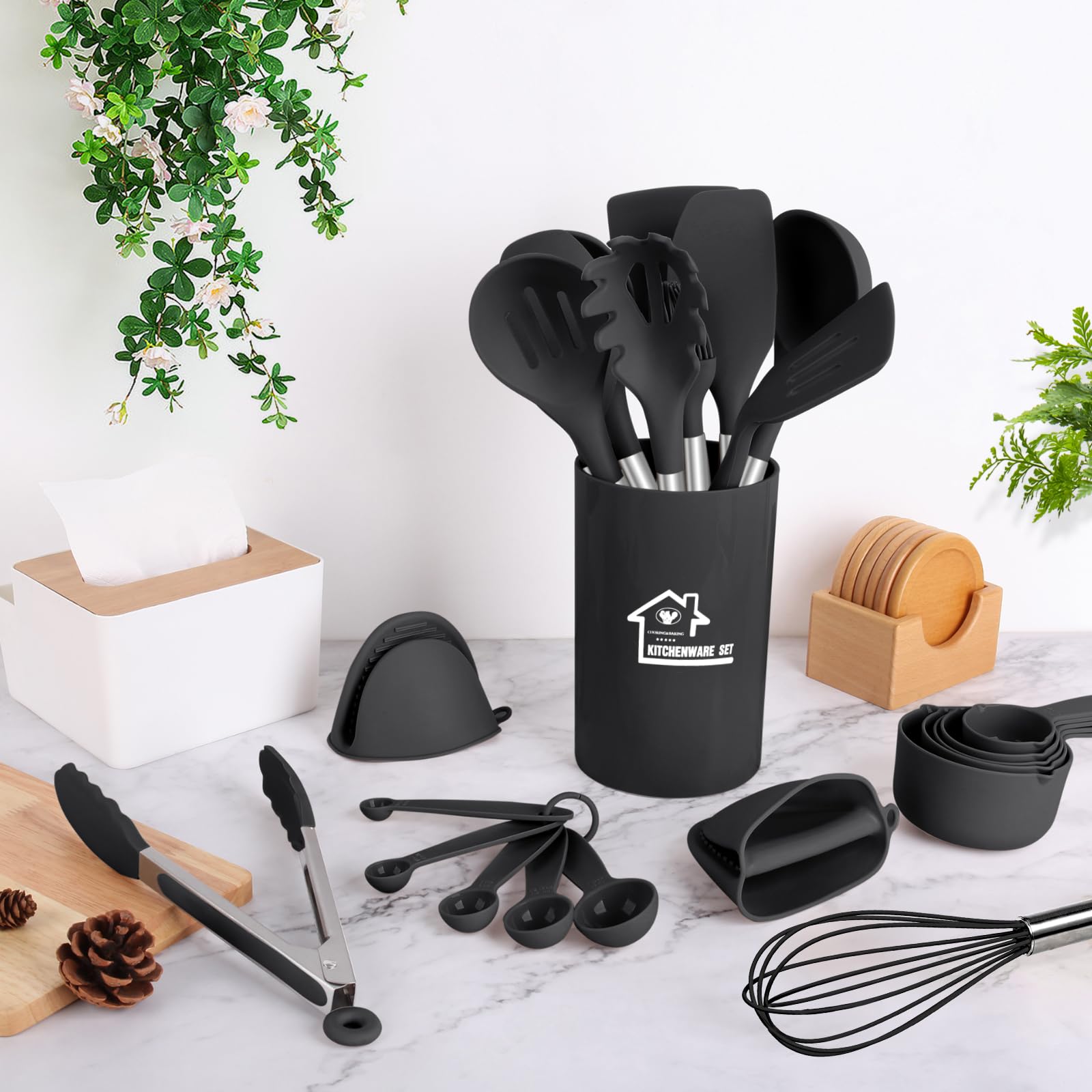27-Piece Heat Resistant Kitchen Utensil Set with Holder - 446°F Non-Stick Cooking Tools, Stainless Steel Handles - Dishwasher Safe Kitchen Essentials for Baking, Frying & Everyday Cooking