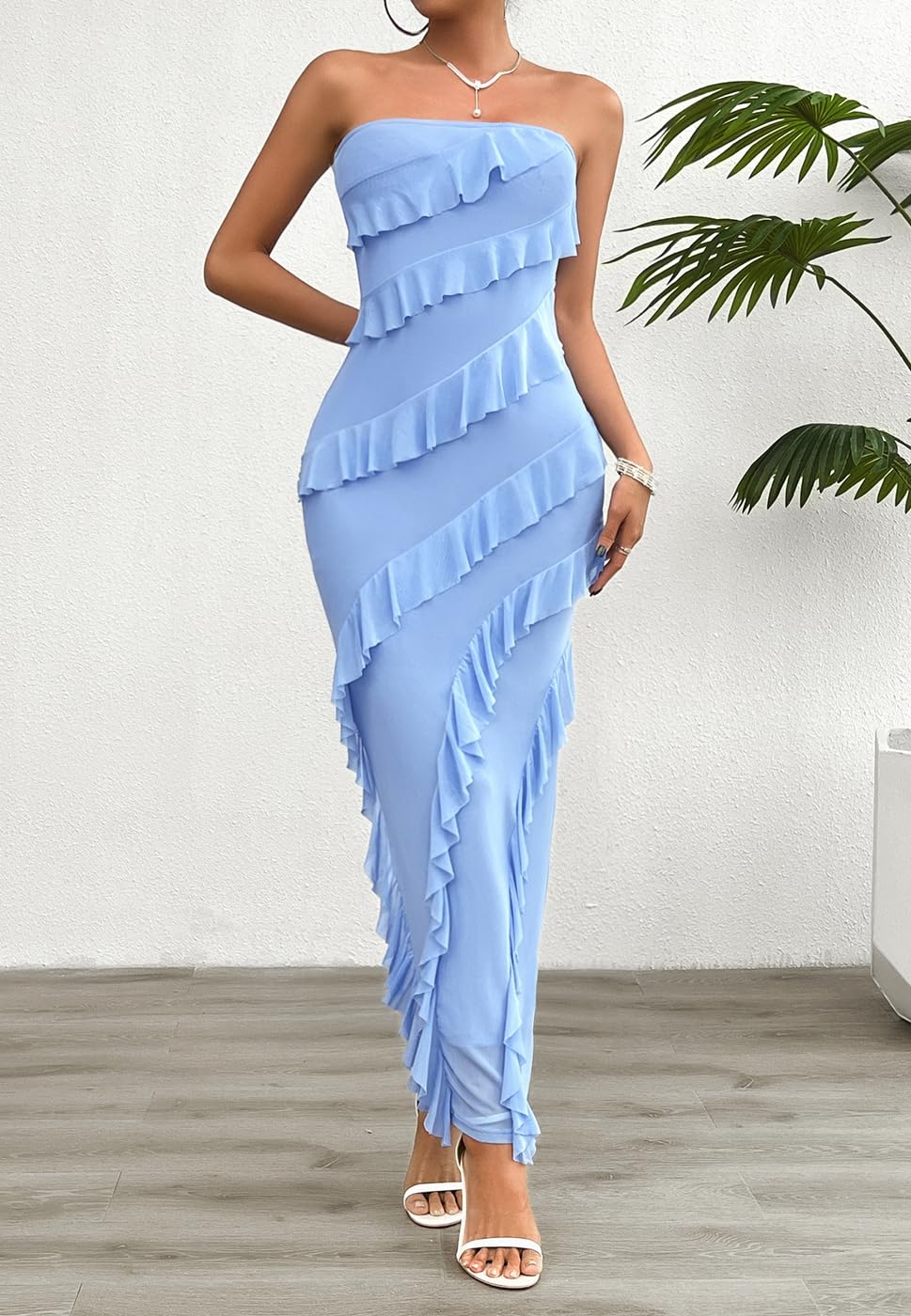 Elegant Women's Strapless Ruffled Cocktail Dress - Bodycon Maxi Wrap Formal Gown for Wedding Guest, Party & Special Occasions | Solid Color Evening Dress for Prom, Bridesmaid & Night Out