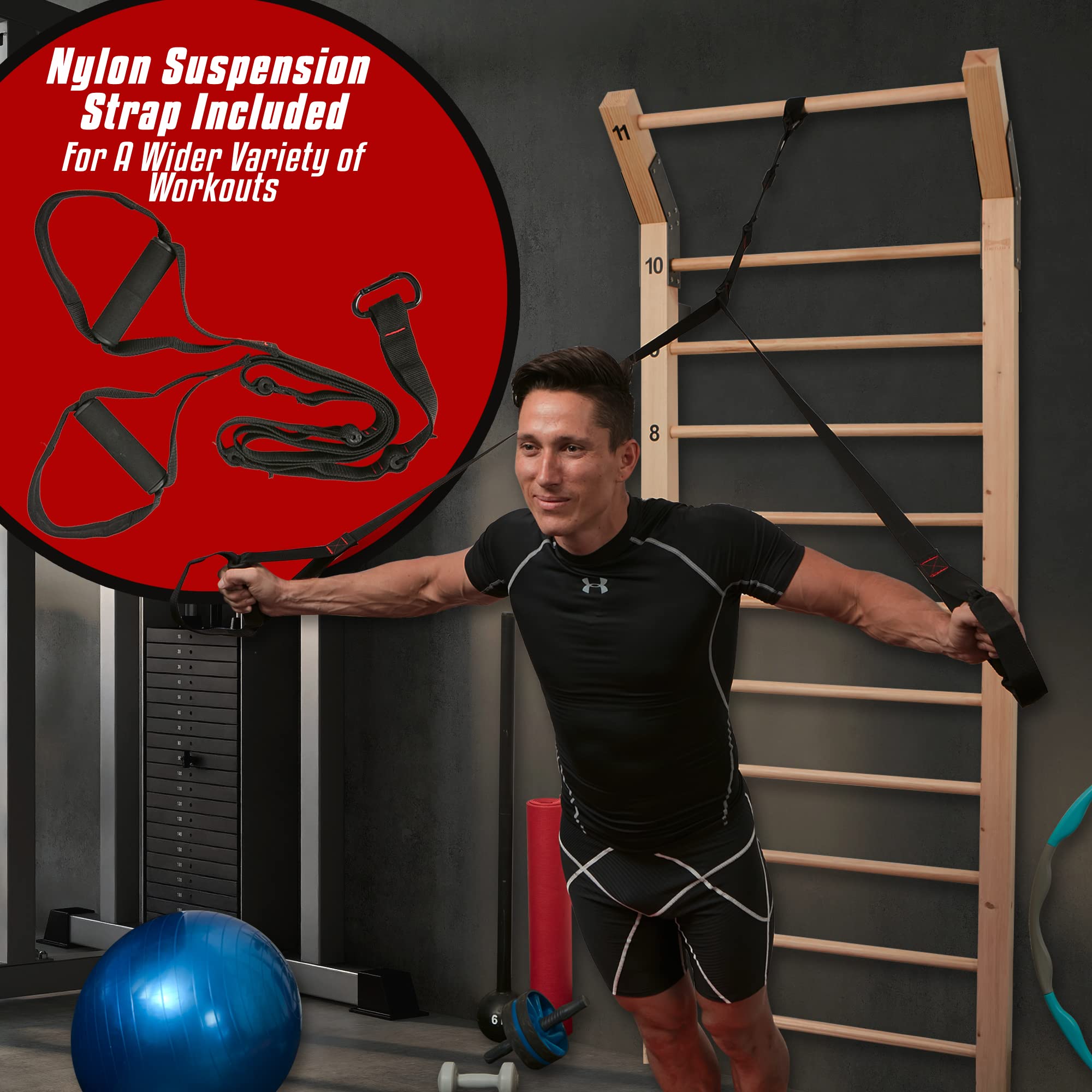 Swedish Ladder Wood Stall Bar - 11-Rung Gymnastic Equipment for Physical Therapy, Back Pain Relief & Scoliosis Exercise | Improve Range of Motion & Strength Training | Perfect for Home Gym, CrossFit & Rehabilitation