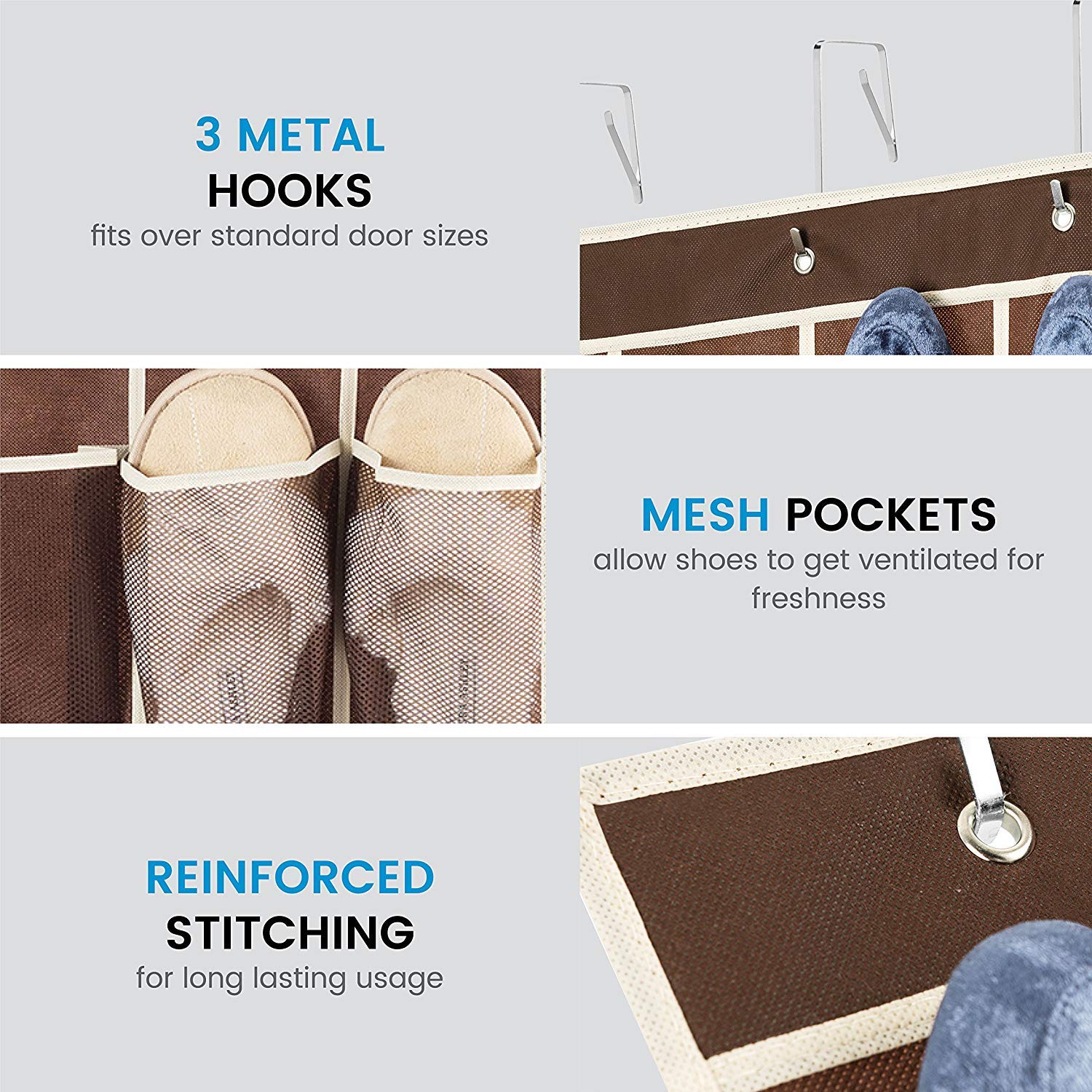 ZOBER Over the Door Shoe Organizer with 24 Mesh Pockets - Space Saving Hanging Storage for Shoes, Towels, Toys & More - Perfect for Closet, Pantry, Dorm Room & Small Space Organization (2 Pack)