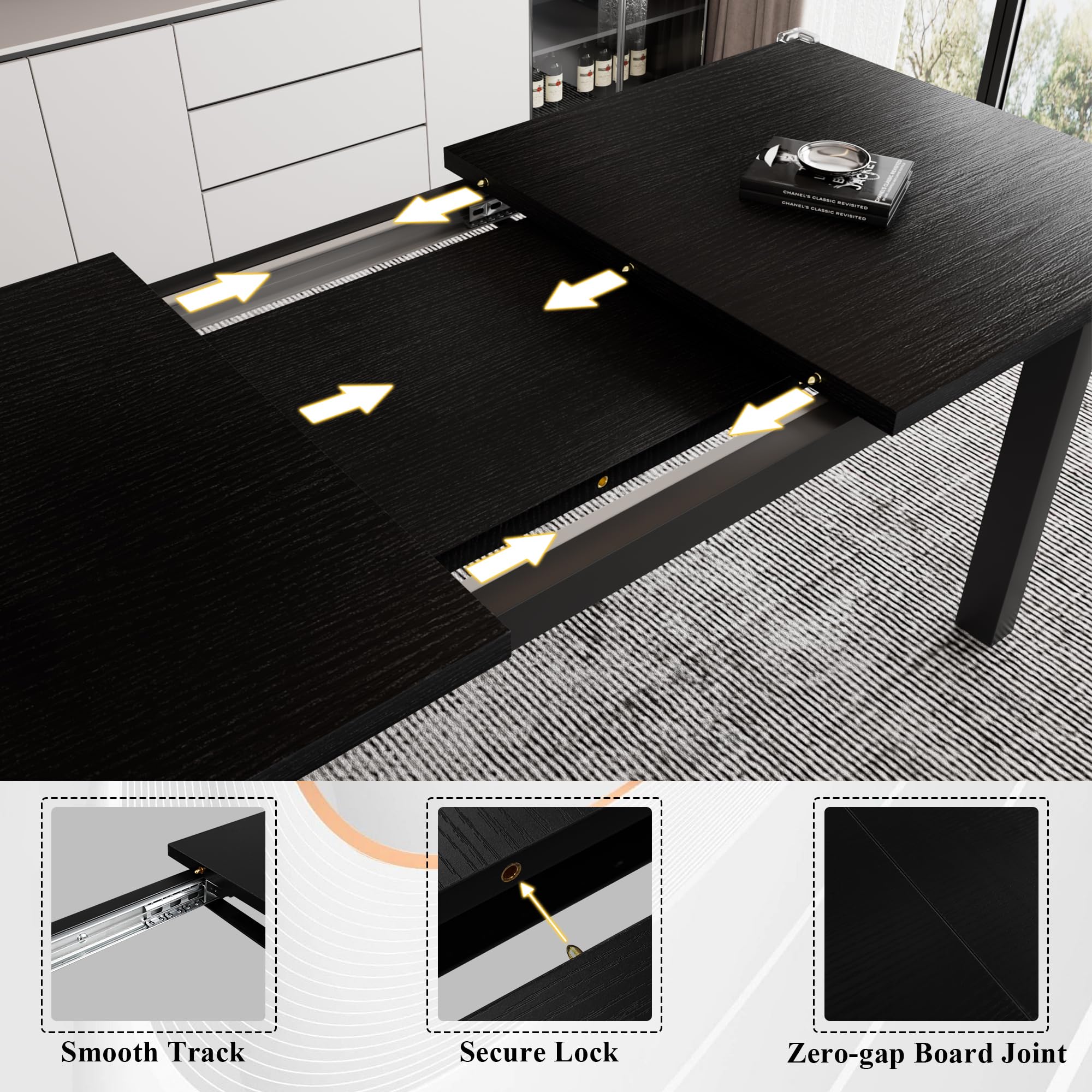 iPormis 5-Piece Extendable Dining Table Set for 4-8 People - Mid-Century Modern Kitchen Table with 2 Benches & 2 Stools, Space-Saving Black MDF Board & Metal Frame - Perfect for Small Apartments, Breakfast Nooks, and Family Gatherings