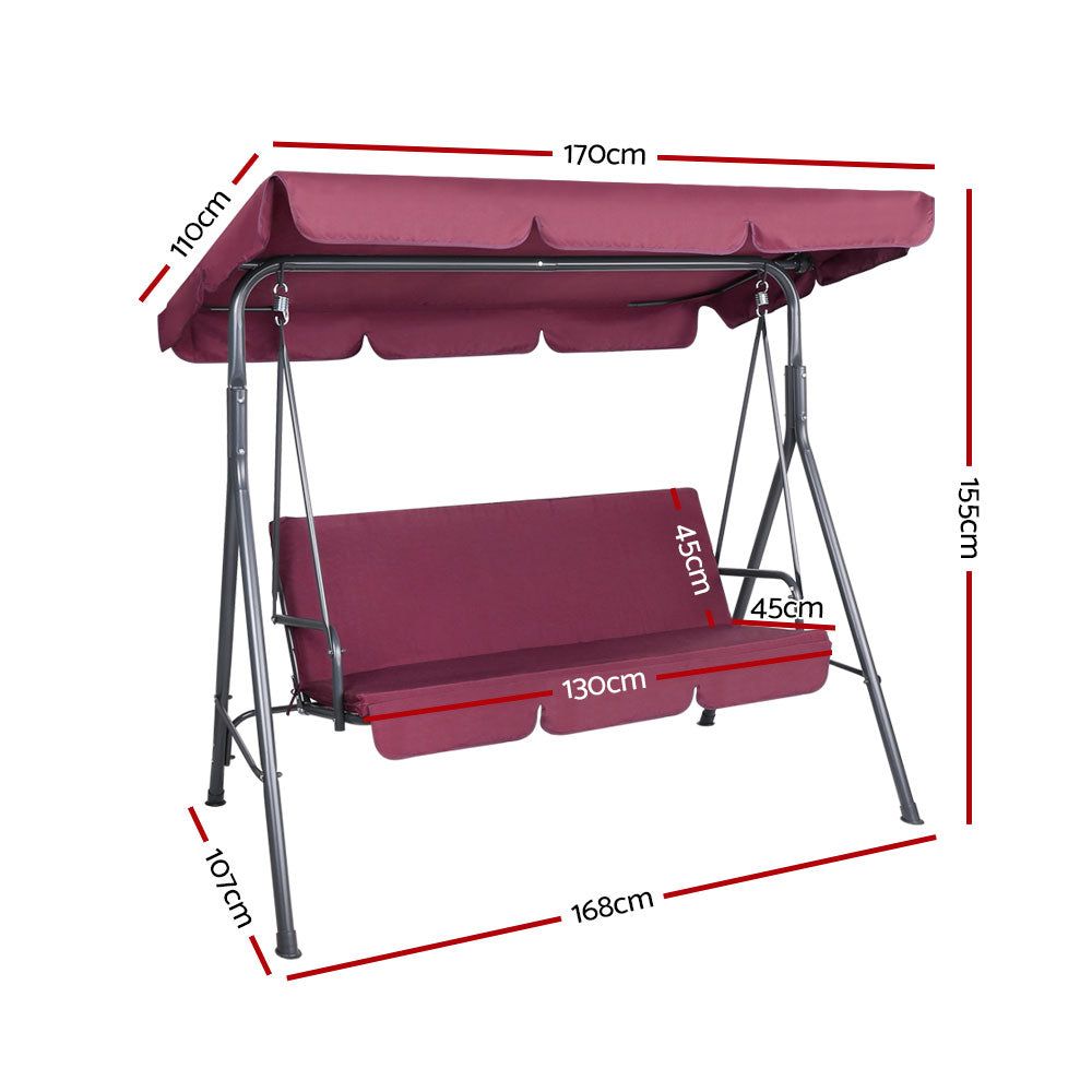 Gardeon 3-Seater Outdoor Swing Chair with Canopy - Wine Red Patio Garden Bench for Backyard, Porch & Poolside Relaxation