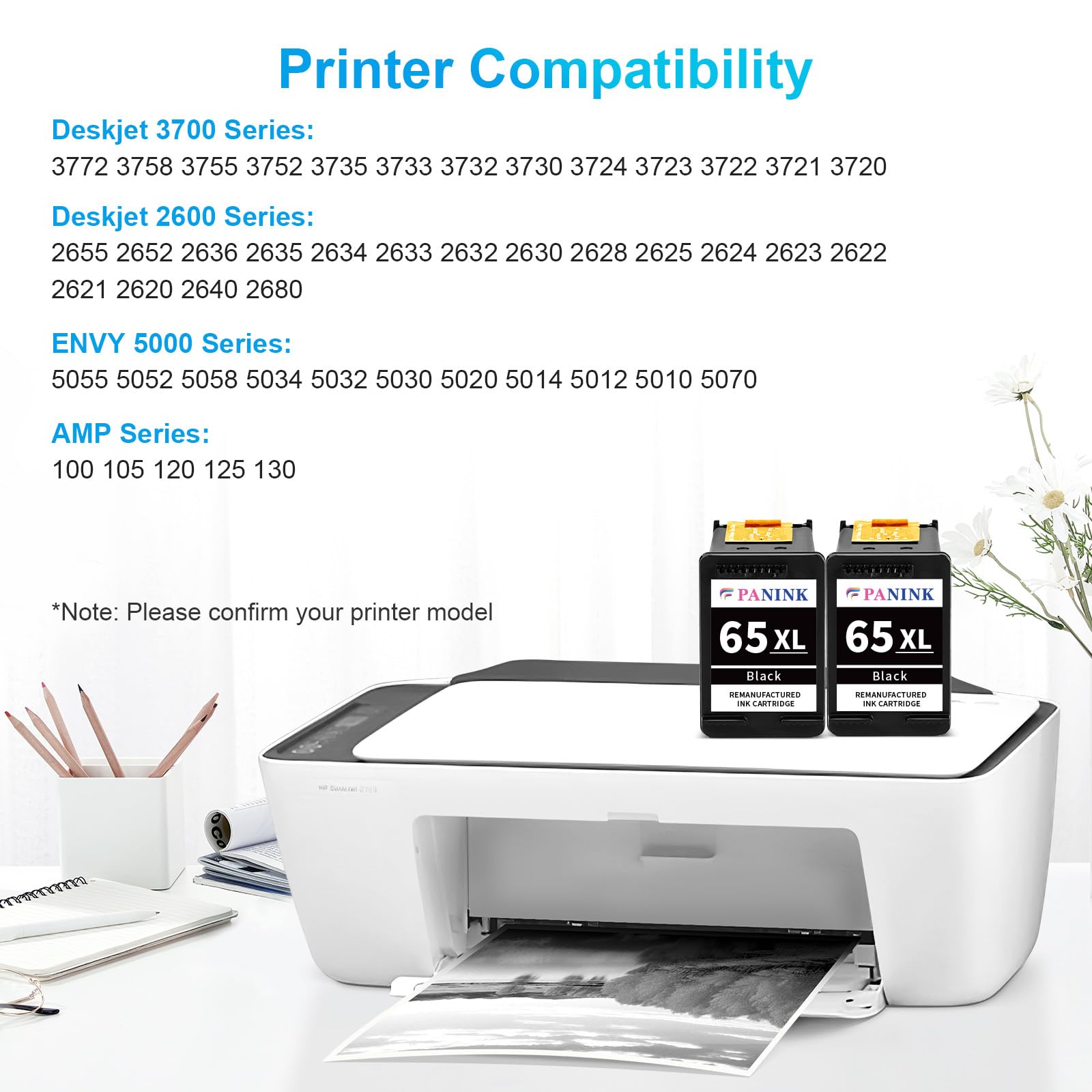 Remanufactured HP 65XL Black Ink Cartridge (2-Pack) - Compatible with HP 3755, 3752, 2655, 3722, 3758, 2652, 5055, 5052, 5058 Printers - High-Quality Replacement for Home & Office Printing Needs