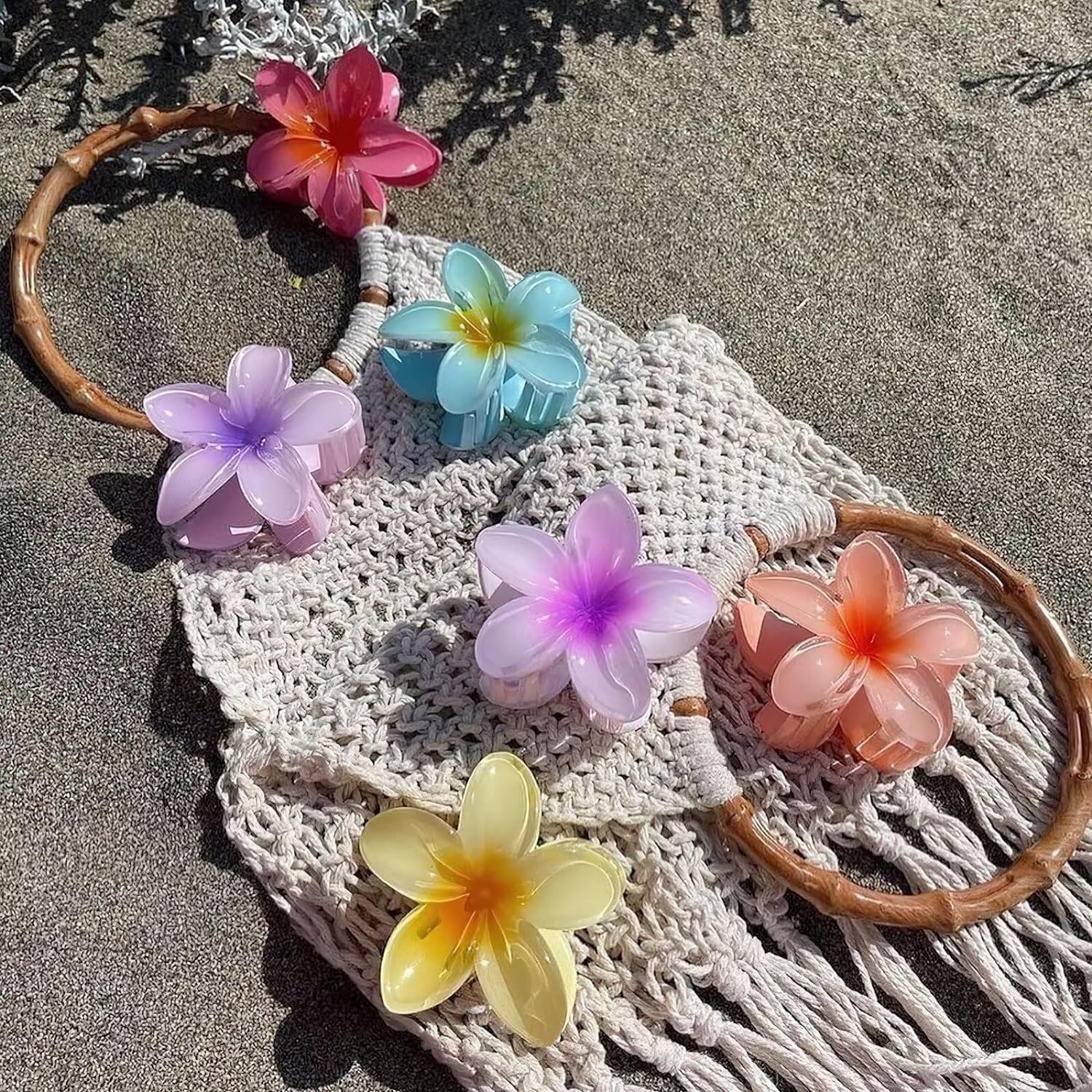 Bakefy 4-Pack Hawaiian Flower Claw Clips for Women - Large Plumeria Hair Clips for Thin & Thick Hair - Tropical Beach Hair Accessories for Girls & Women - Perfect for Summer, Vacations & Boho Styles
