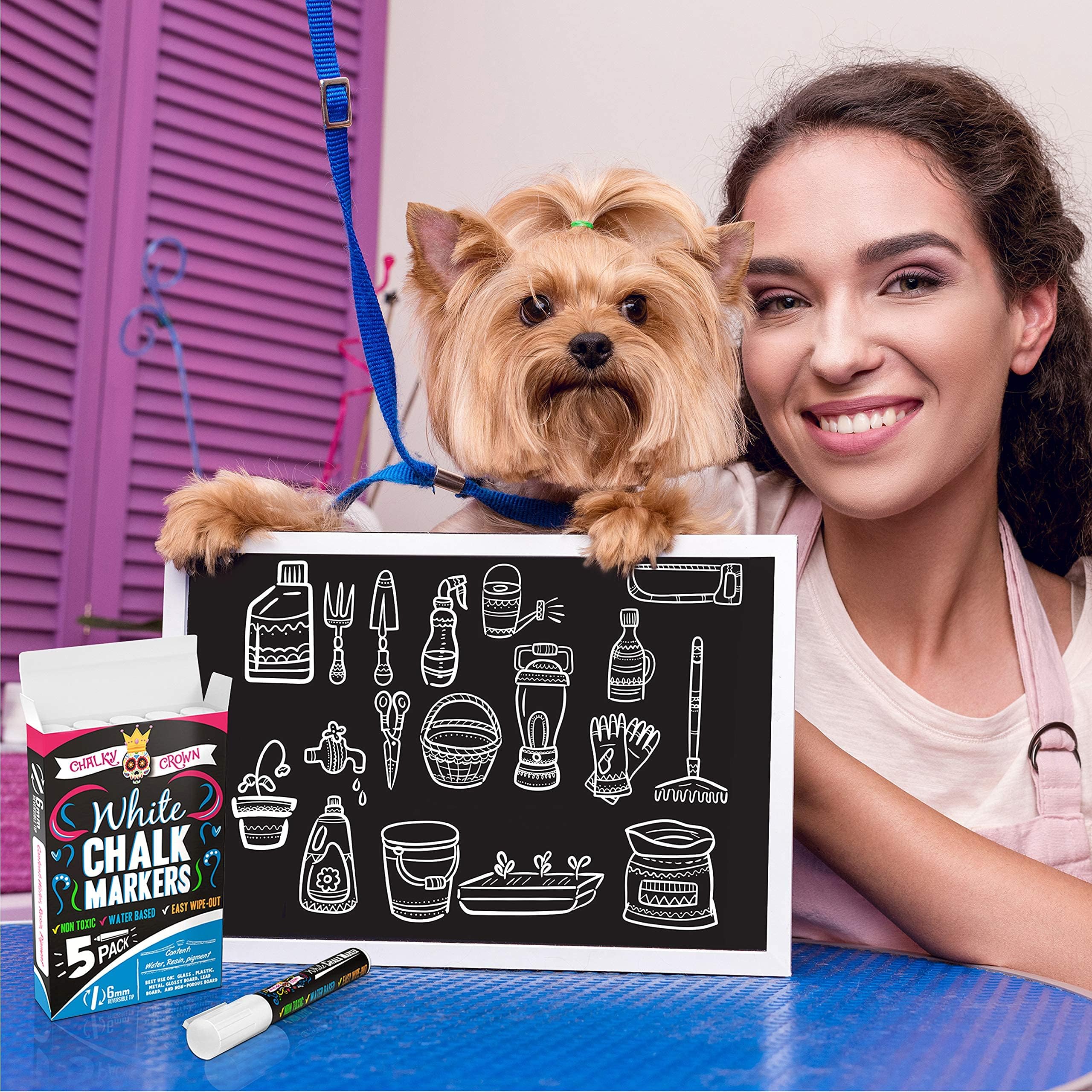 CHALKY CROWN Liquid Chalk Markers - 6mm Reversible Tip White Chalk Pens for Chalkboard, Blackboard, Glass, Windows - Perfect for Signs, Menus, Labels & DIY Projects (5 Pack)