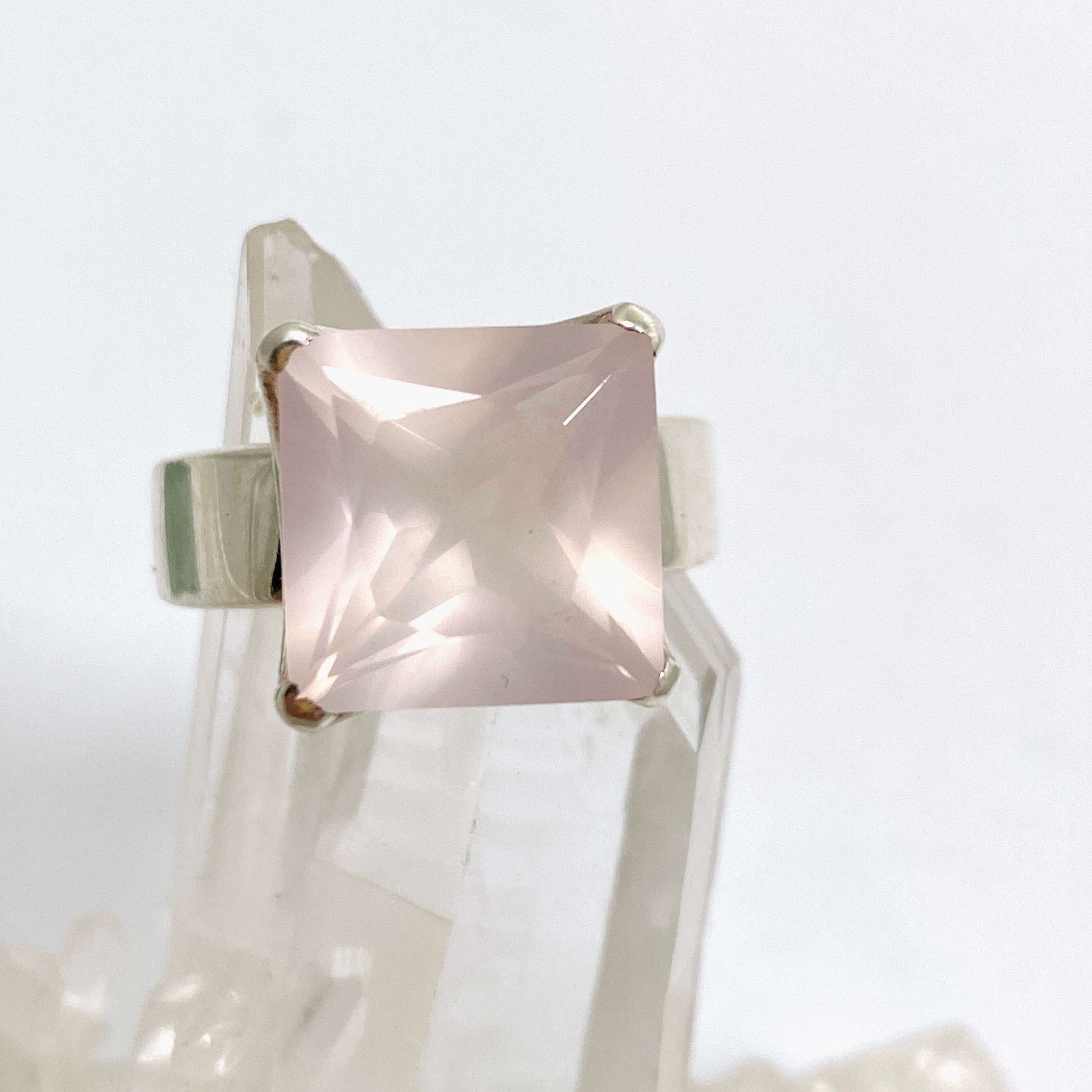 Rose Quartz Square Faceted Ring Size 9 - PRGJ878 - Elegant Healing Crystal Jewelry for Women, Perfect for Meditation, Yoga & Spiritual Gifts