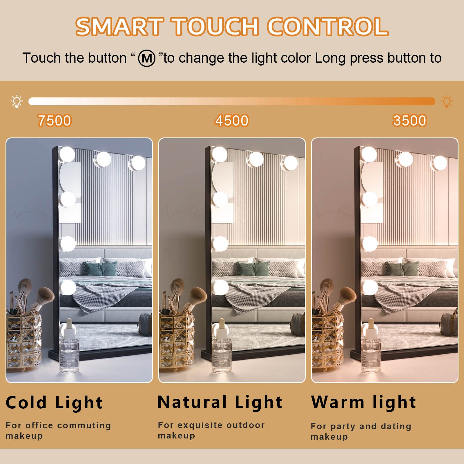 FENCHILIN Hollywood Vanity Mirror with Lights - Smart Touch Control, Dimmable LED Bulbs, Adjustable Brightness for Makeup & Skincare (Black) - Perfect for Bedroom, Bathroom & Dressing Room