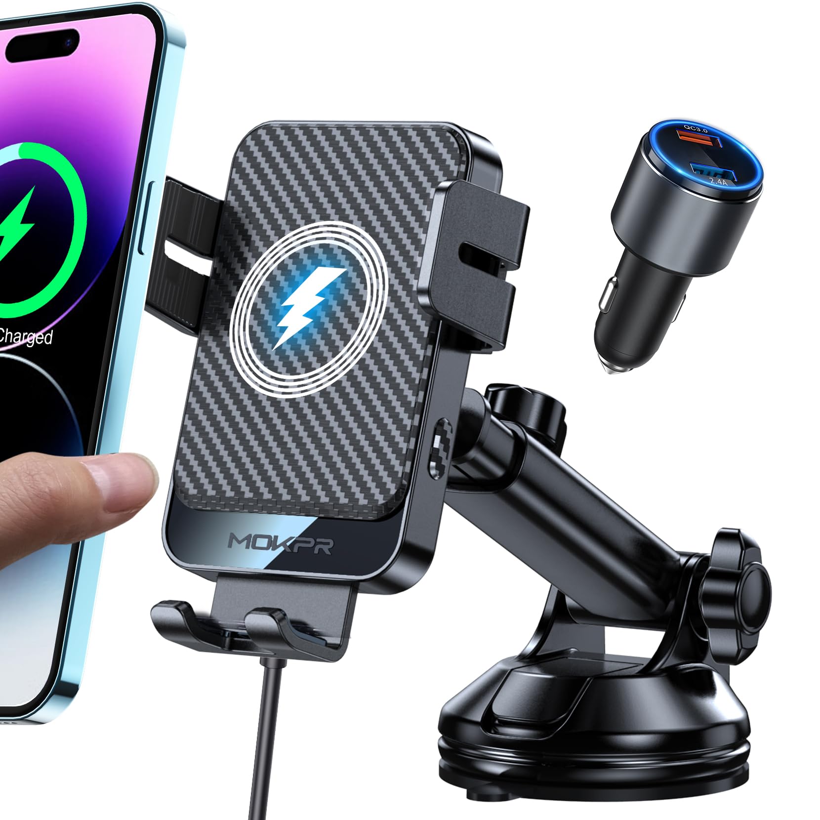 MOKPR 15W Fast Wireless Car Charger - Auto-Clamping Universal Car Mount for iPhone 15/14/13/12 & Samsung S23/S22/S21 - Hands-Free Dash/Windshield/Air Vent Phone Holder (Black) - Perfect for Commuting, Road Trips & GPS Navigation