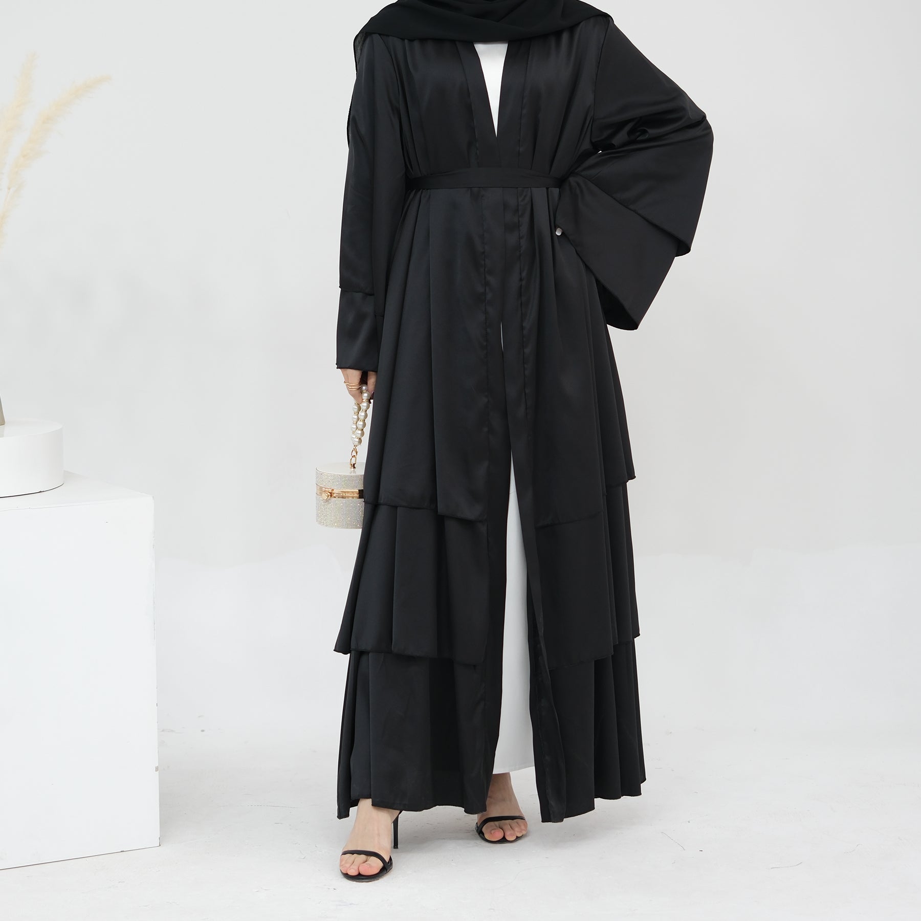 Miranda Layered Hem Satin Open Abaya Dress for Women - Elegant Muslim Prayer Gown, Modest Evening Wear & Special Occasion Outfit - Black