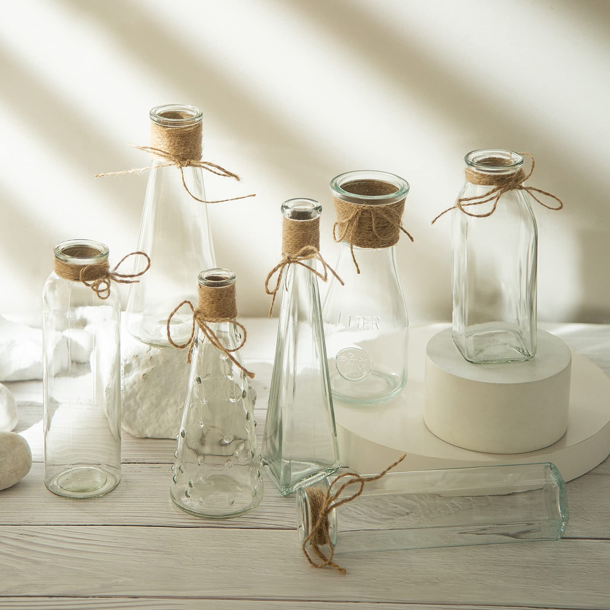 10 Pack Small Clear Glass Vases with Rope Design - Unique Shapes Flower Vases for Home Decor, Wedding Centerpieces, Holiday Table Decorations & DIY Floral Arrangements