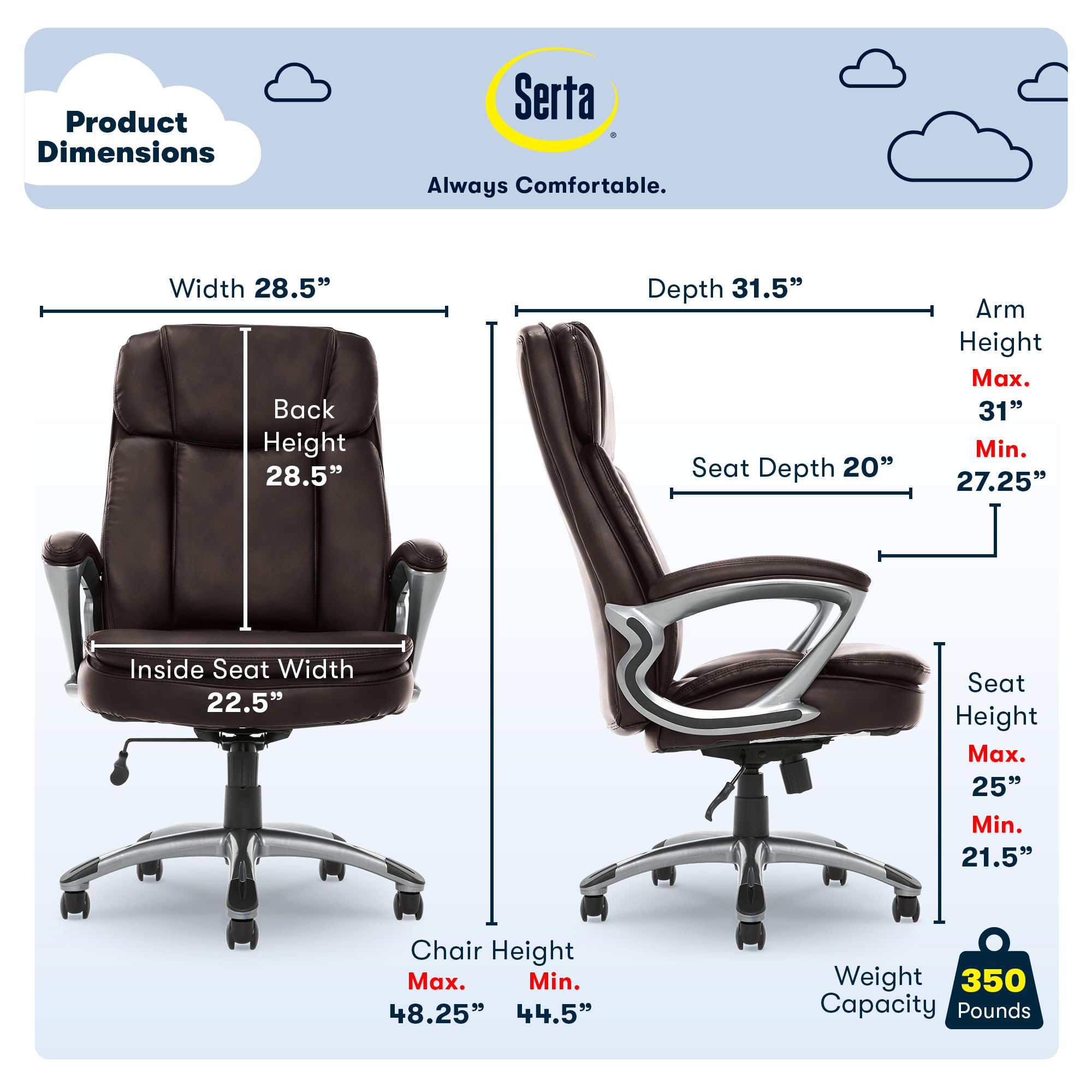 Serta Fairbanks Big and Tall High Back Executive Office Chair - Ergonomic Gaming Computer Chair with Layered Body Pillows & Contoured Lumbar Support (Brown) | Perfect for Home Office, Gaming Setup & Workspace Comfort