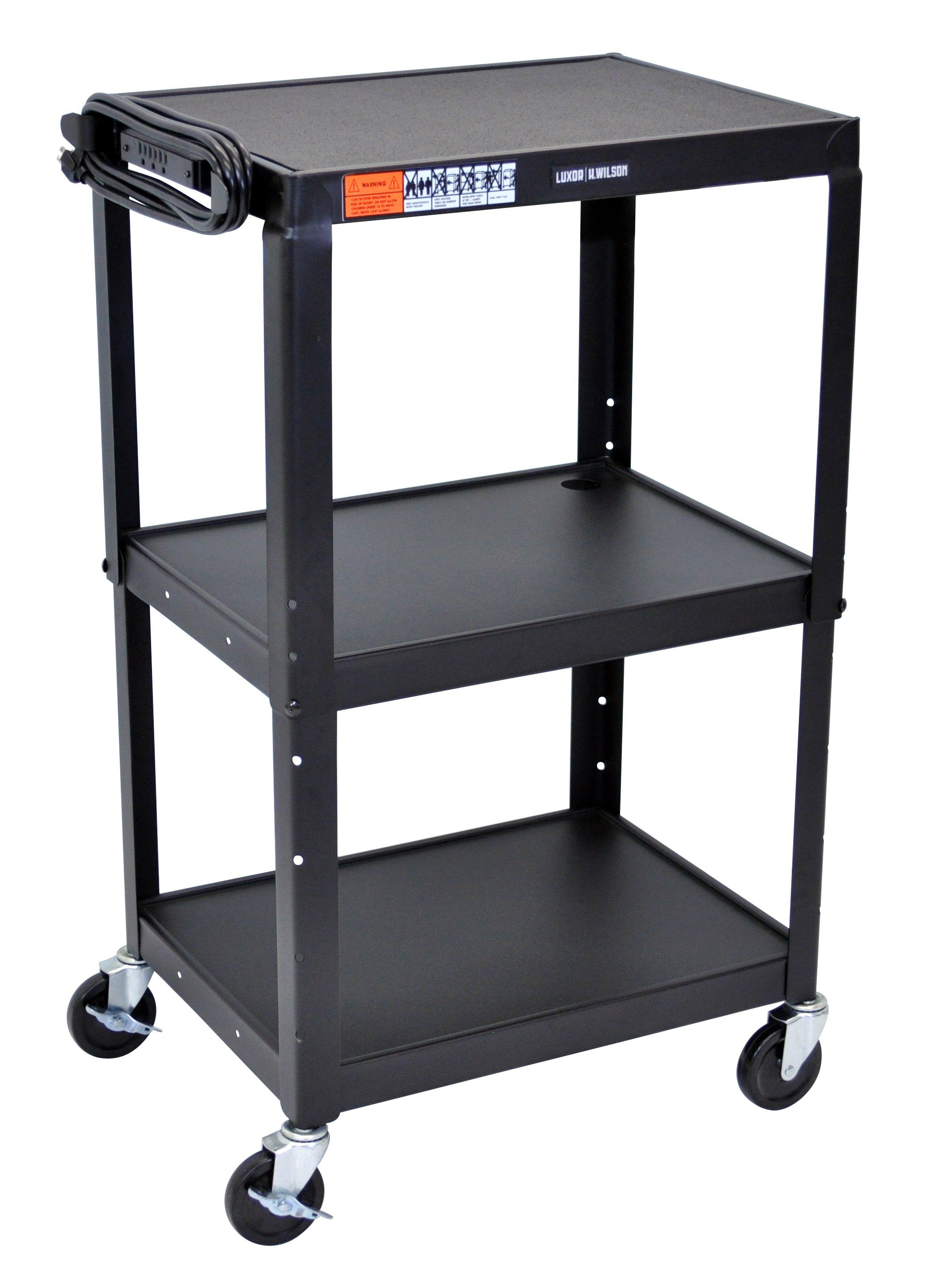 Adjustable Height Black Metal AV Cart with Wheels - Mobile Media Stand for Classroom, Office, or Home Theater Use