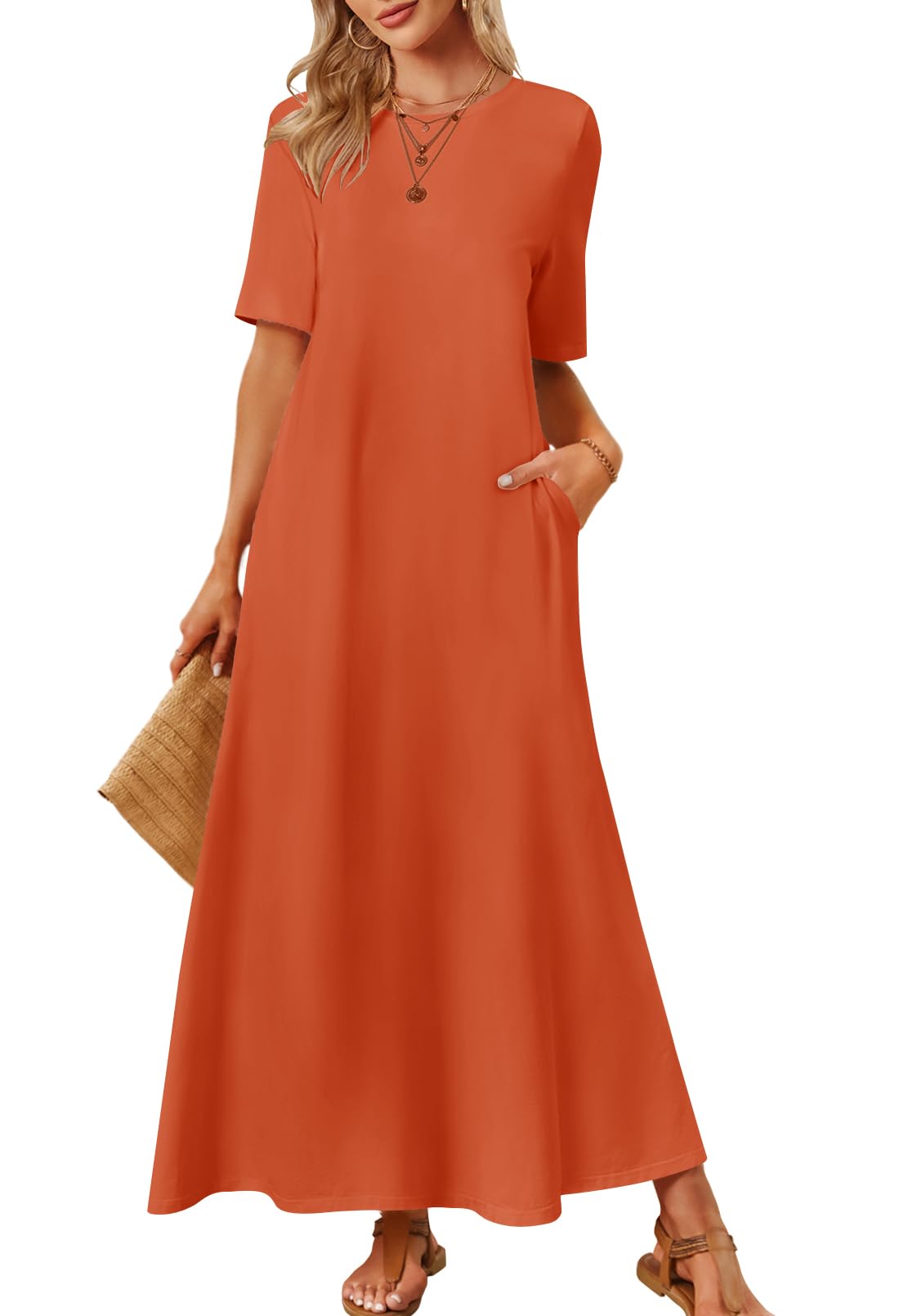 MEROKEETY Women's Summer Maxi Dress - Casual Short Sleeve Crewneck T-Shirt Dress for Beach Vacation & Everyday Wear | Flowy Long Dress for Spring Summer Outfits, Travel, Date Night