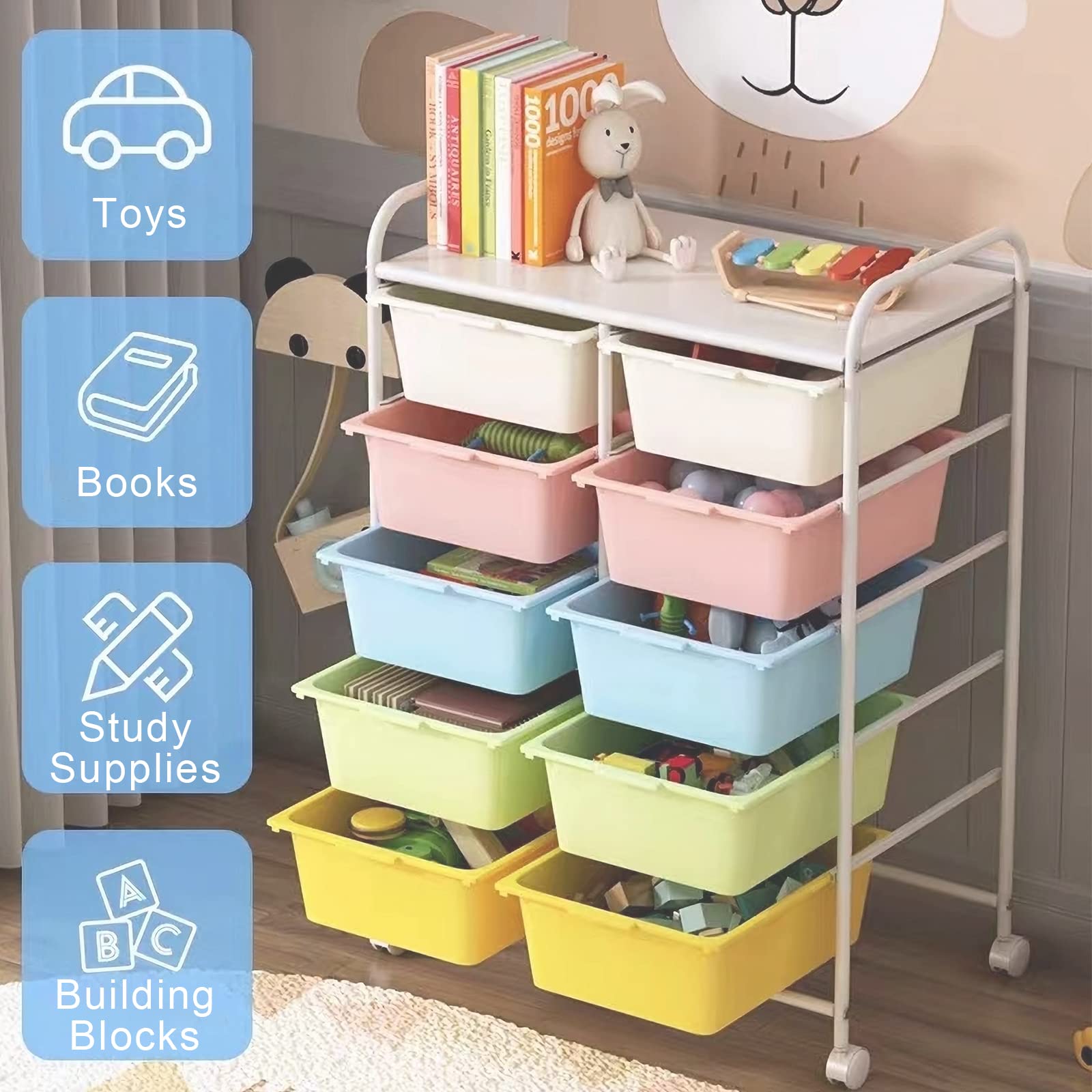 10-Drawer Rolling Storage Cart with Wheels - Plastic & Metal Frame Utility Cart for Home, Office, School - Multipurpose Organizer for Art Supplies, Crafts, Stationery - Ideal for Classroom, Studio, Dorm Room Organization