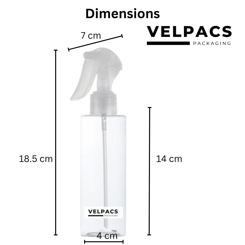 Velpacs 200ml Empty Plastic Spray Bottle with Trigger Sprayer - Pack of 2 | Refillable Hair Mist Bottle for Rosemary Oil, Perfume, Rosewater | Travel Size for DIY Beauty, Home Cleaning & Gardening Use