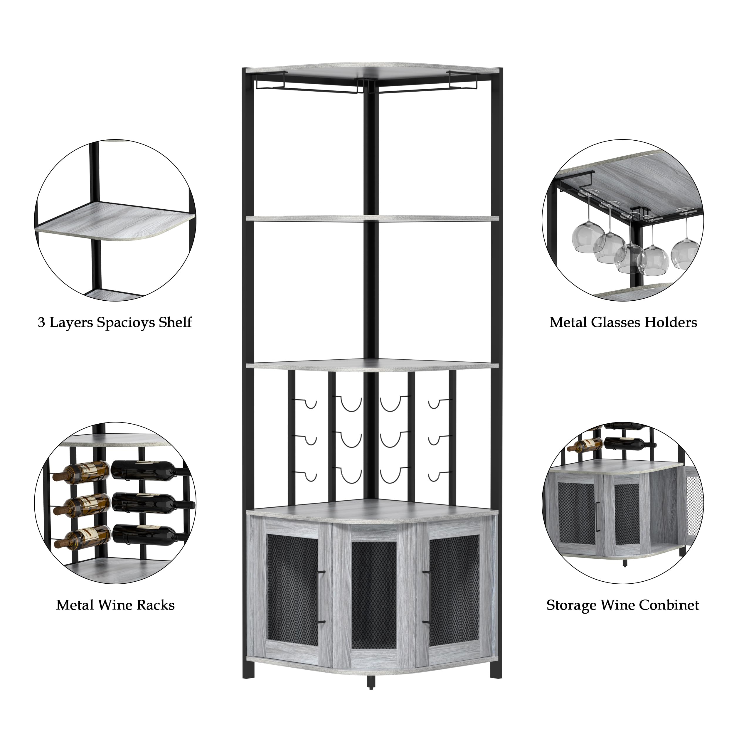 Anmytek 5-Tier Industrial Corner Bar Cabinet - Wood & Metal Wine Liquor Storage with Open Shelves | Space-Saving Home Bar Display for Kitchen, Living Room, Small Apartments | Perfect for Entertaining, Dining Rooms & Compact Spaces