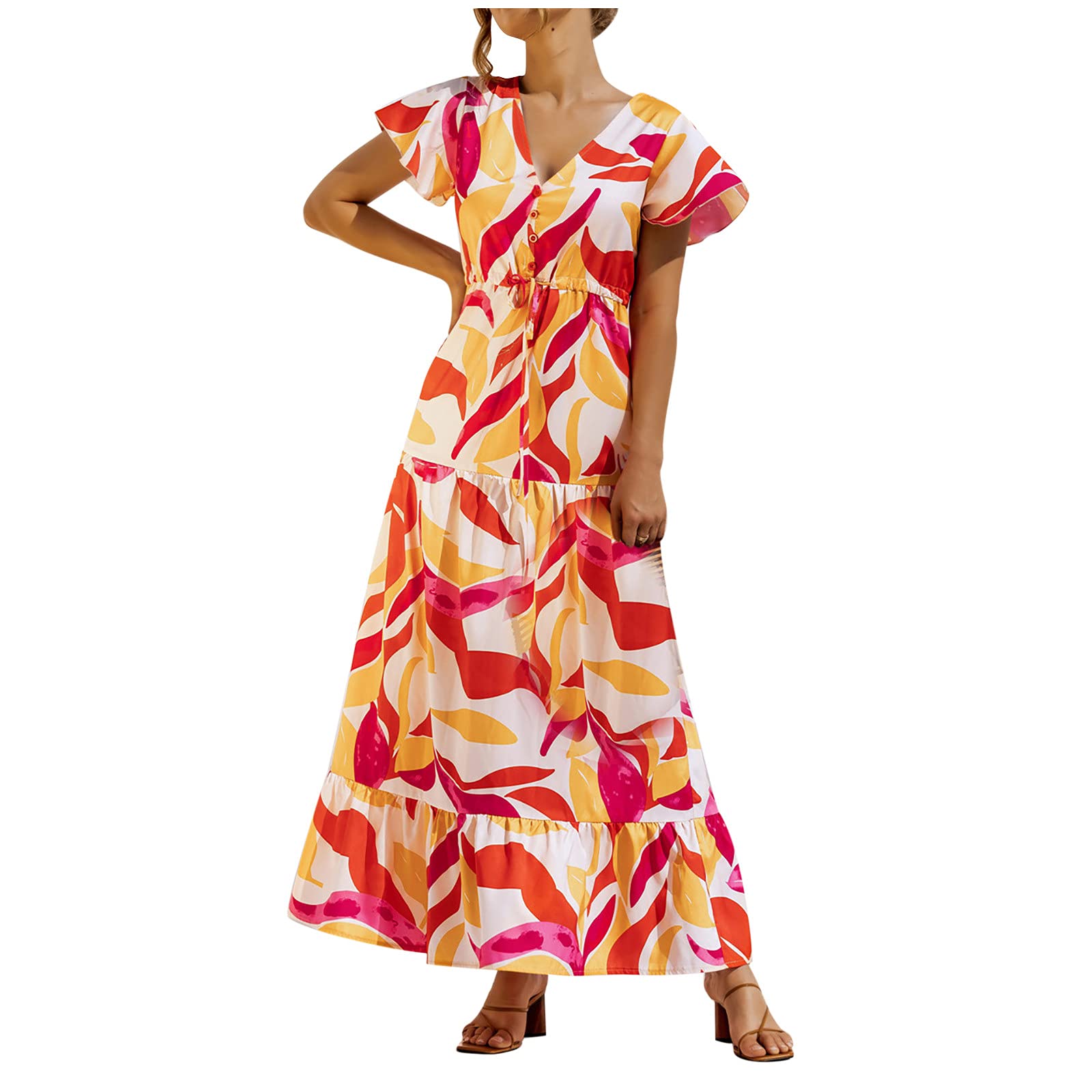 Floral Print V-Neck Lace-Up Short Sleeve Button Front Women's Dress - Perfect for Summer Outings, Beach Vacations & Casual Date Nights
