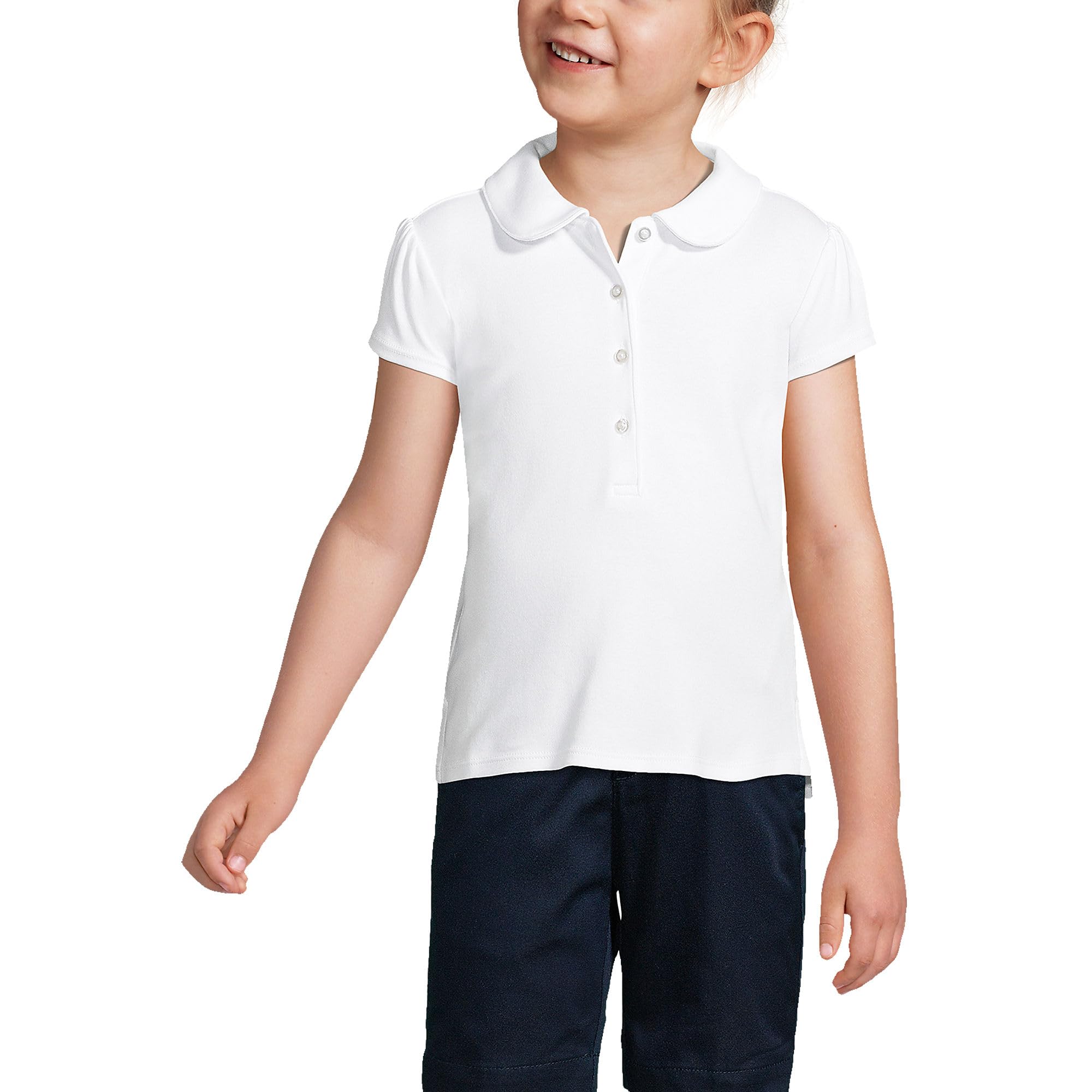 Lands' End Girls' Short Sleeve Peter Pan Collar Polo Shirt - Comfortable School Uniform Top for Classrooms & Daily Wear