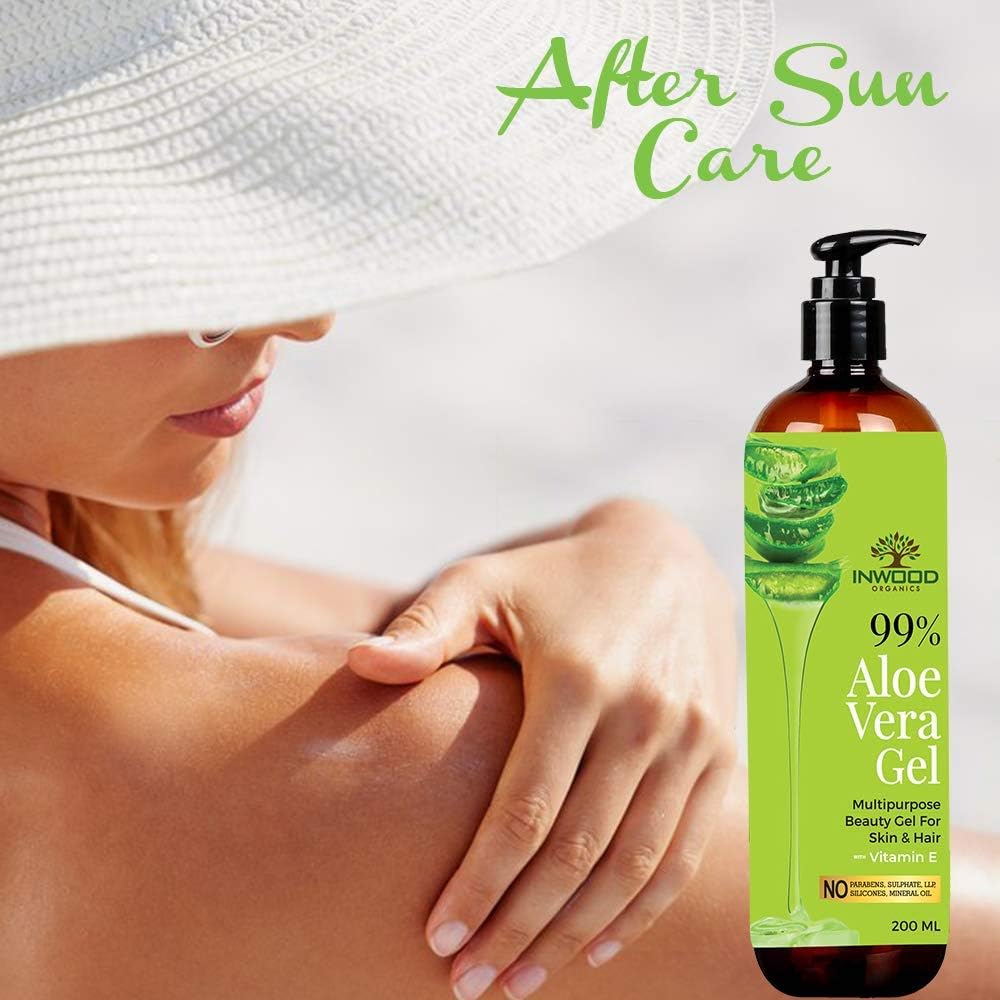 Inwood Organics 99% Pure Organic Aloe Vera Gel for Face, Skin & Hair with Vitamin E | All Skin & Hair Types | Multi-Purpose Hydrating Gel | 100% Vegan & Paraben-Free (200ml) | Soothes Sunburn, Moisturizes Dry Skin & Conditions Hair Naturally