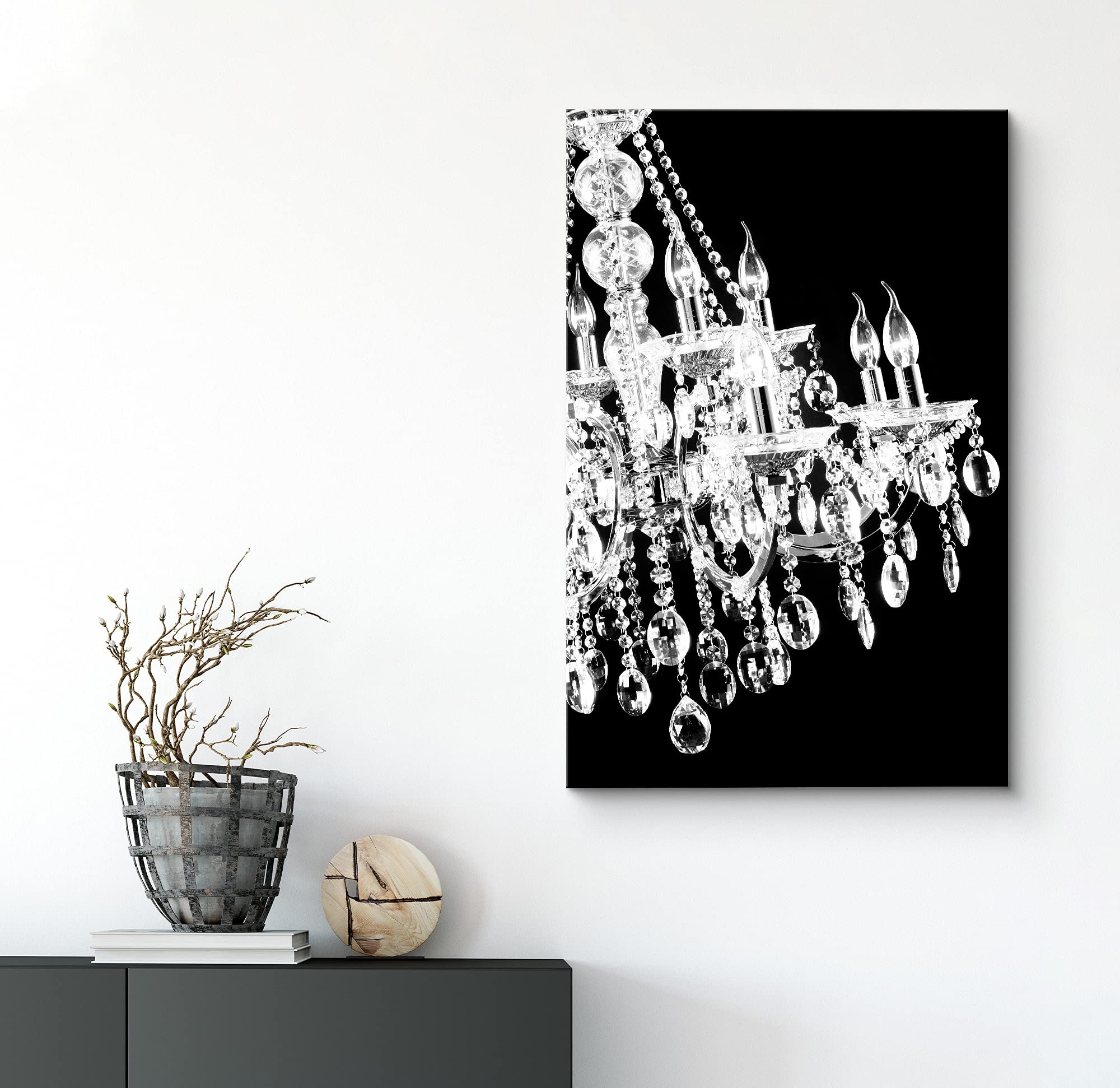 Ornate Black & White Chandelier Canvas Print - Modern Digital Wall Art for Living Room, Bedroom & Office - 12x18 Inch Decorative Painting - Chic Relaxing Home Decor for Calm Atmosphere