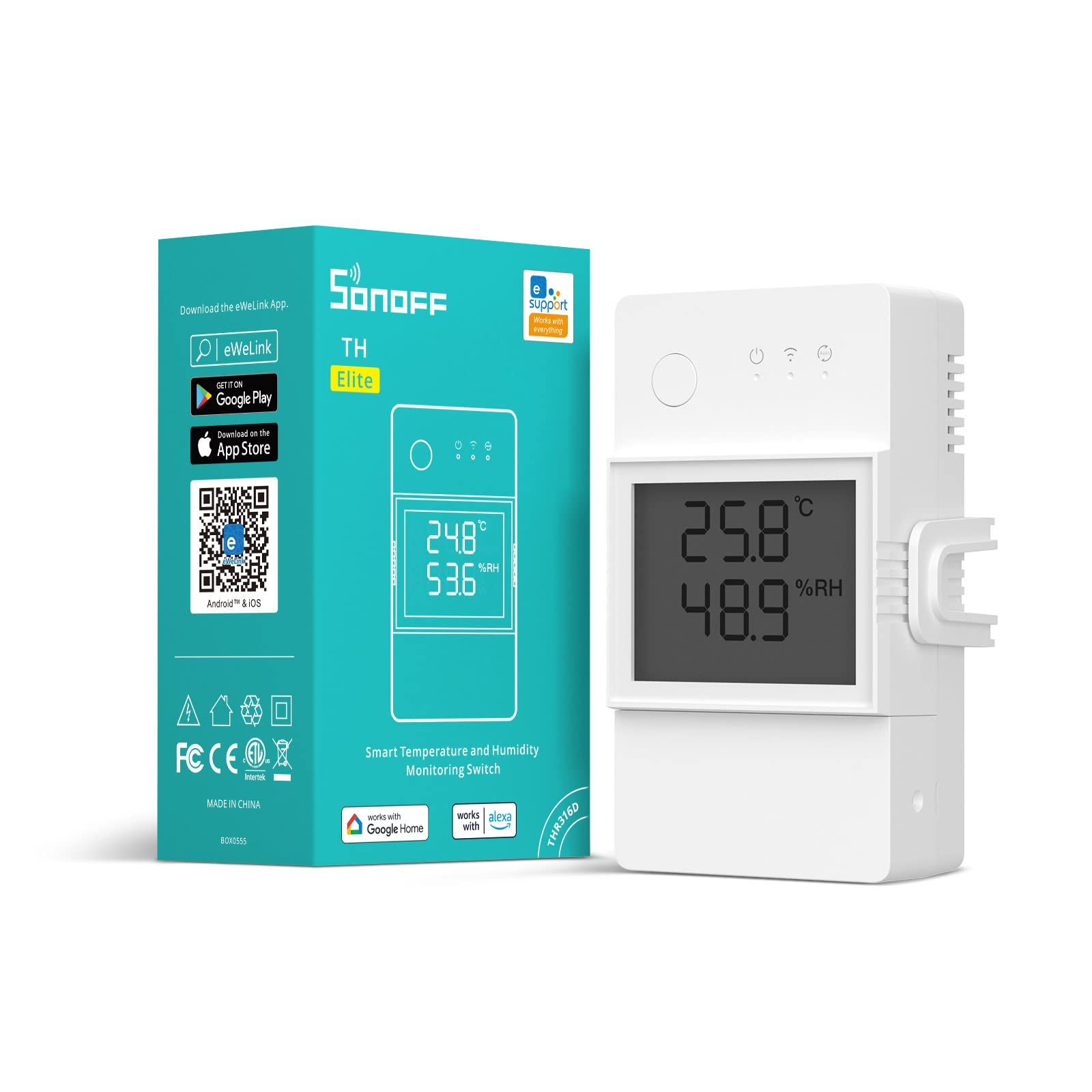 SONOFF THR316D Elite 16A Smart Switch with Temperature & Humidity Sensor, LCD Display - Works with Alexa, Google Home & IFTTT | Smart Home Automation for Thermostat Control & Environment Monitoring