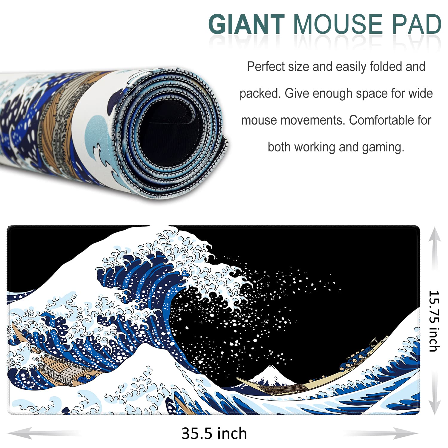 XXL Gaming Mouse Pad 35.5x15.75 Inch - Non-Slip Large Desk Pad with Stitched Edges, Waterproof Keyboard Mouse Mat for PC, Laptop, Office & Home Use - Perfect for Gaming, Work & Study - Sea Wave Design