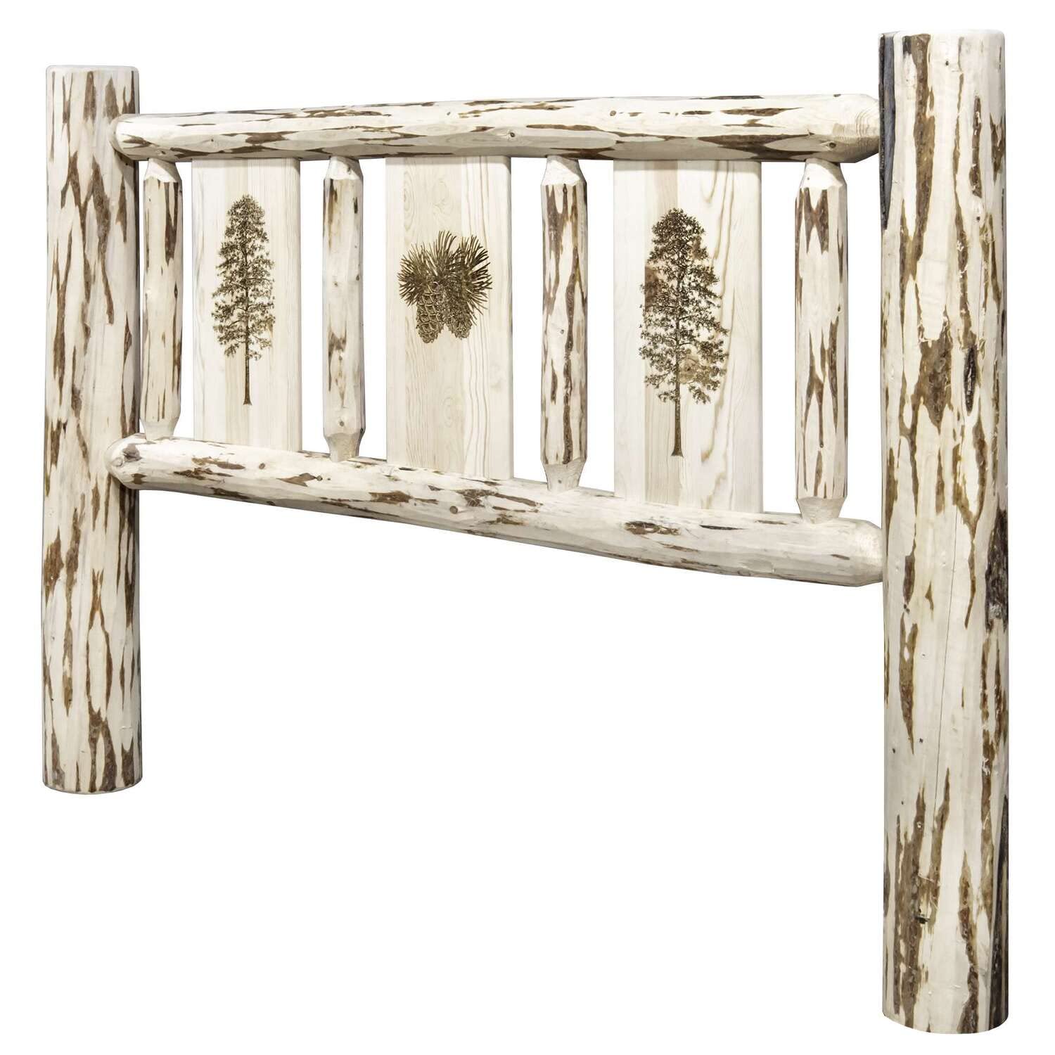 Montana Collection Queen Size Headboard with Laser Engraved Pine Tree Design - Unfinished Solid Wood Bed Frame Headboard for Rustic Cabin, Farmhouse & Lodge Bedroom Decor