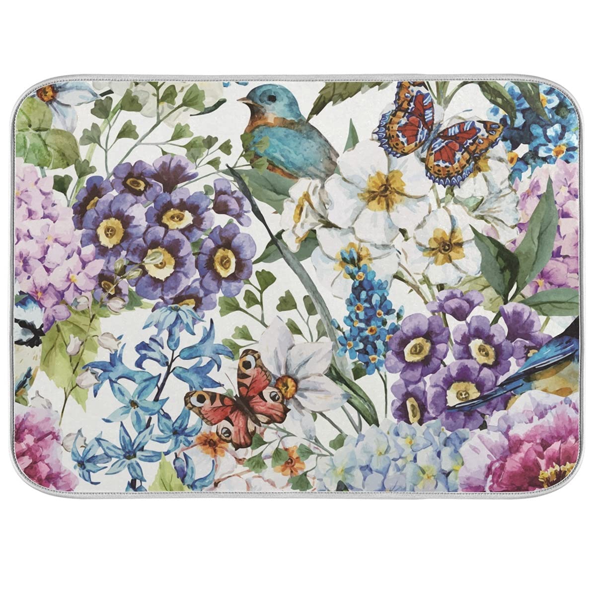 **Xigua Floral Bird Butterfly Dish Drying Mat – Washable & Absorbent Microfiber Kitchen Counter Mat, Reversible Non-Slip Drying Pad for Dishes, Utensils & Cookware – Fast-Dry, 16