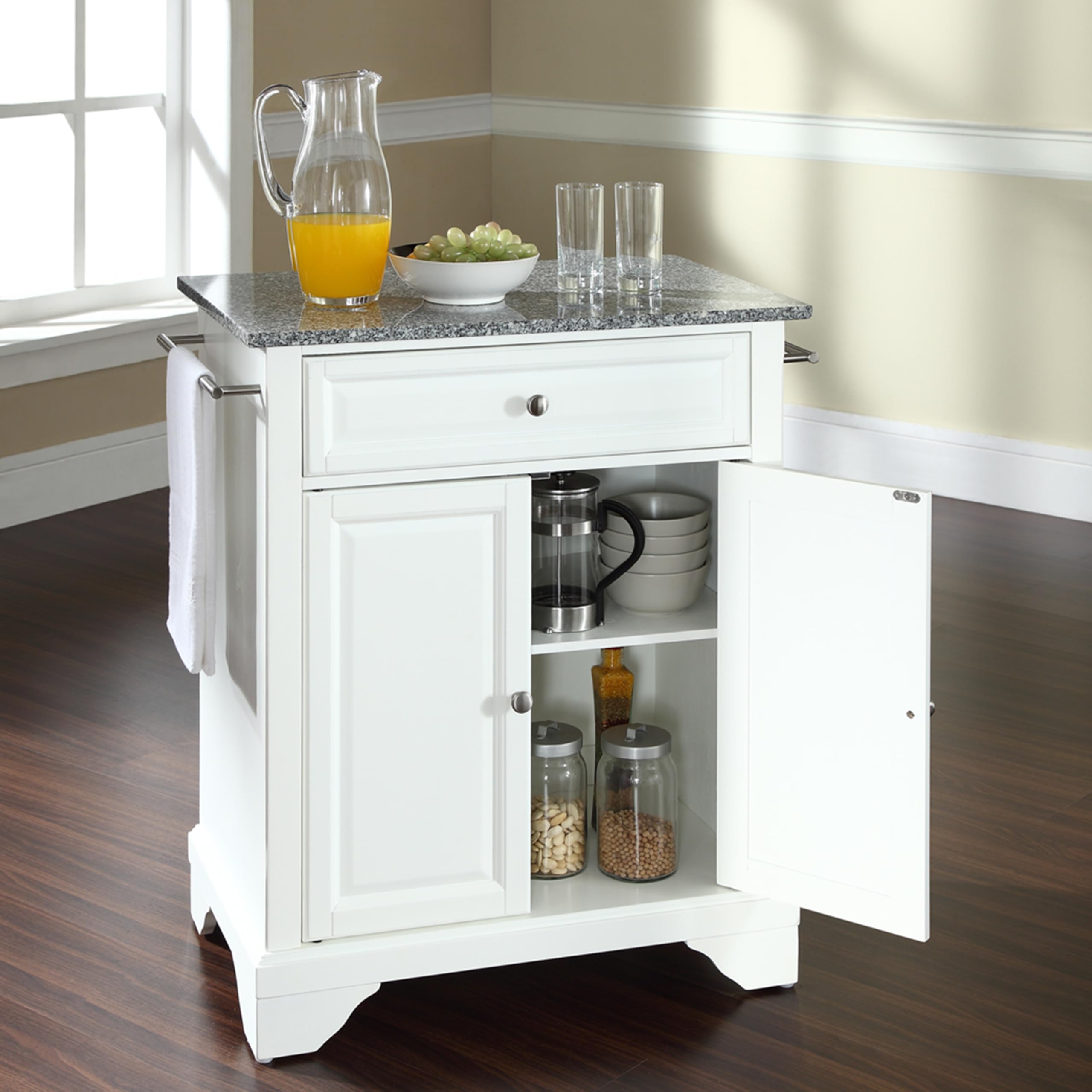Crosley Lafayette Granite Top Portable Kitchen Island Cart with Wheels - White Rolling Microwave Stand for Small Spaces, Extra Storage & Countertop Prep | Perfect for Apartments, Dorms & Compact Kitchens