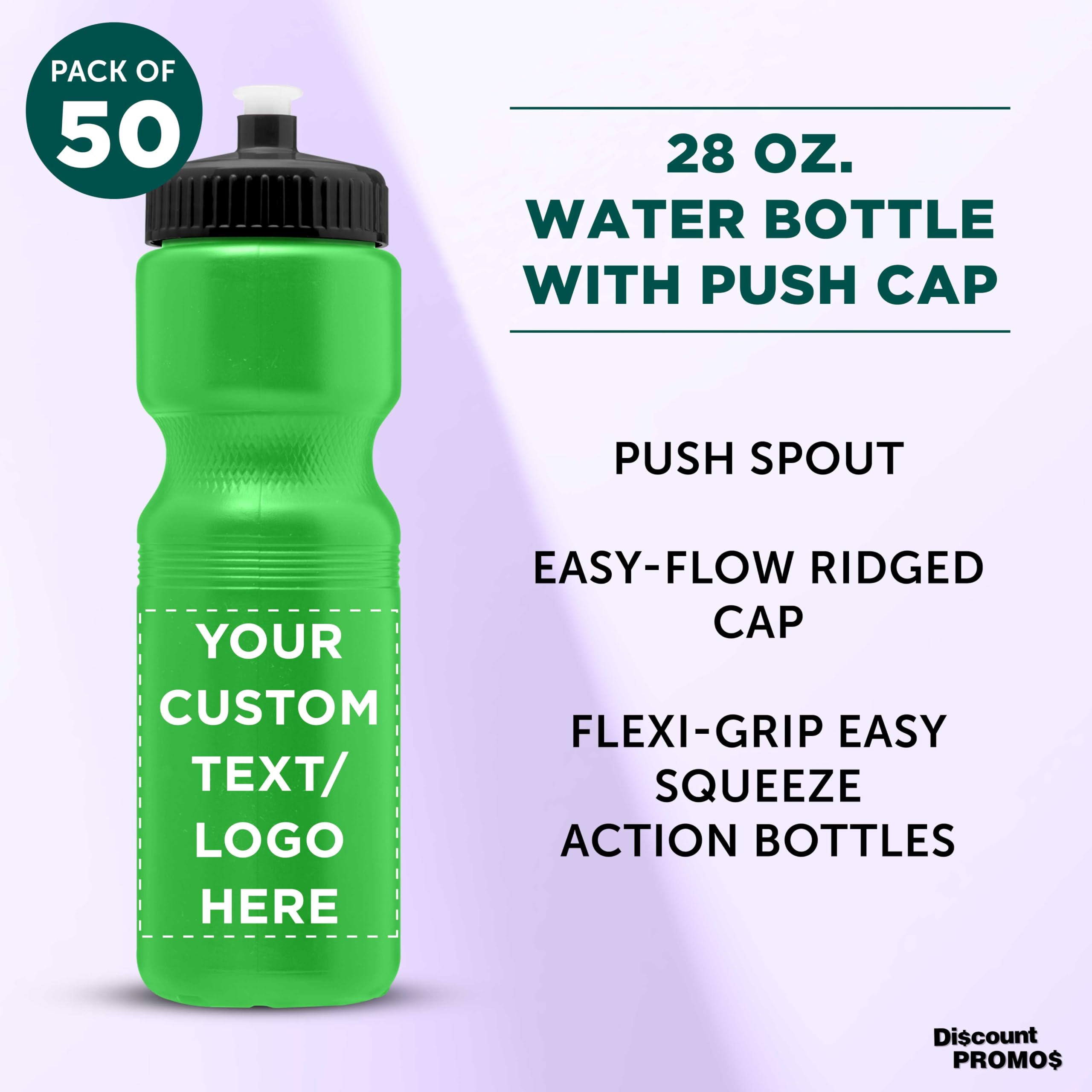 28 oz Custom Push Cap Plastic Water Bottles - Bulk Pack of 50 - Personalized Neon Green Water Bottles for Gym, Hiking, Camping & Outdoor Sports - Ideal for Team Events, Corporate Gifts & Promotional Giveaways