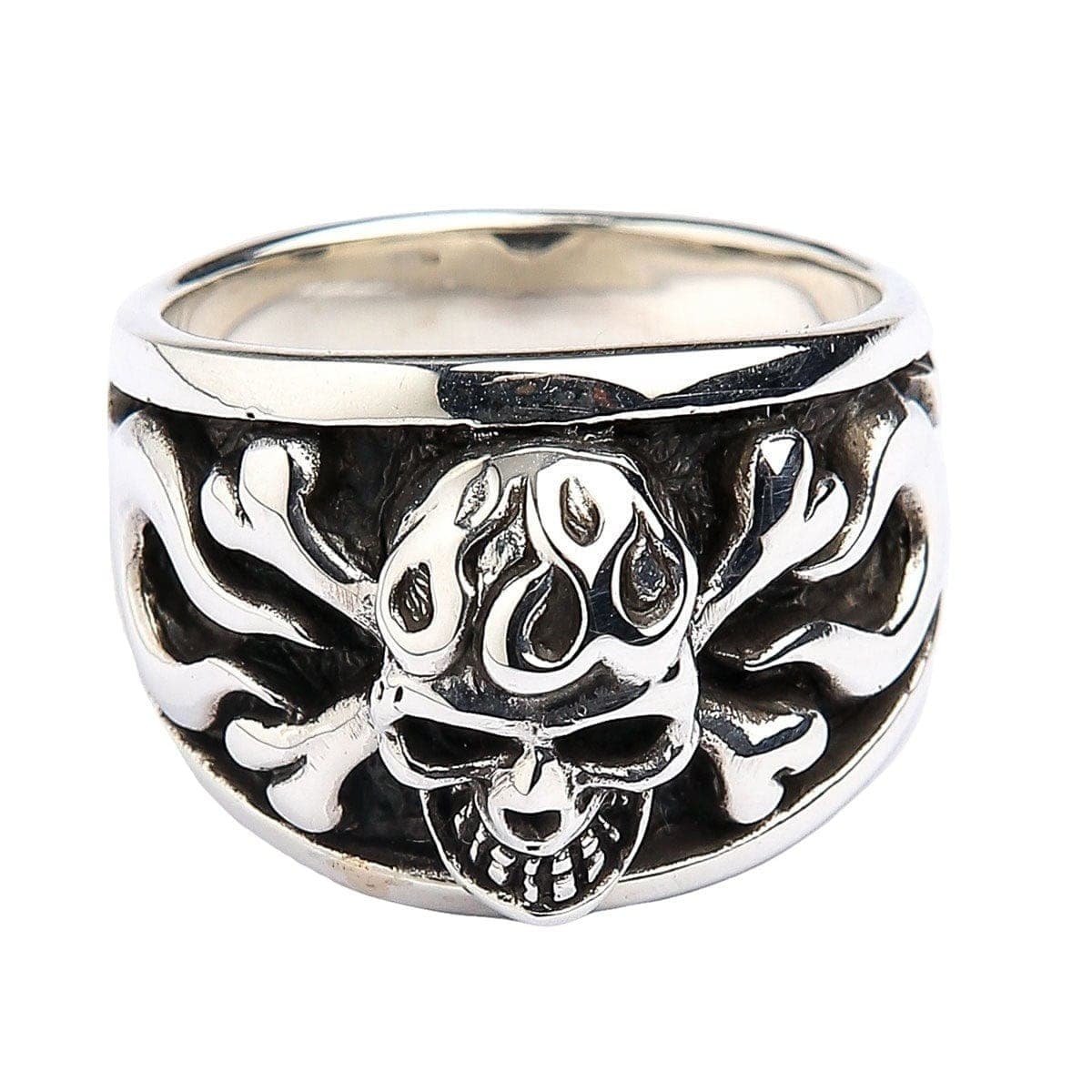 Gothic Flame Skull Crossbones Sterling Silver Ring for Men & Women | Punk Rock Jewelry, Biker Accessories, Halloween Costume, Gothic Fashion