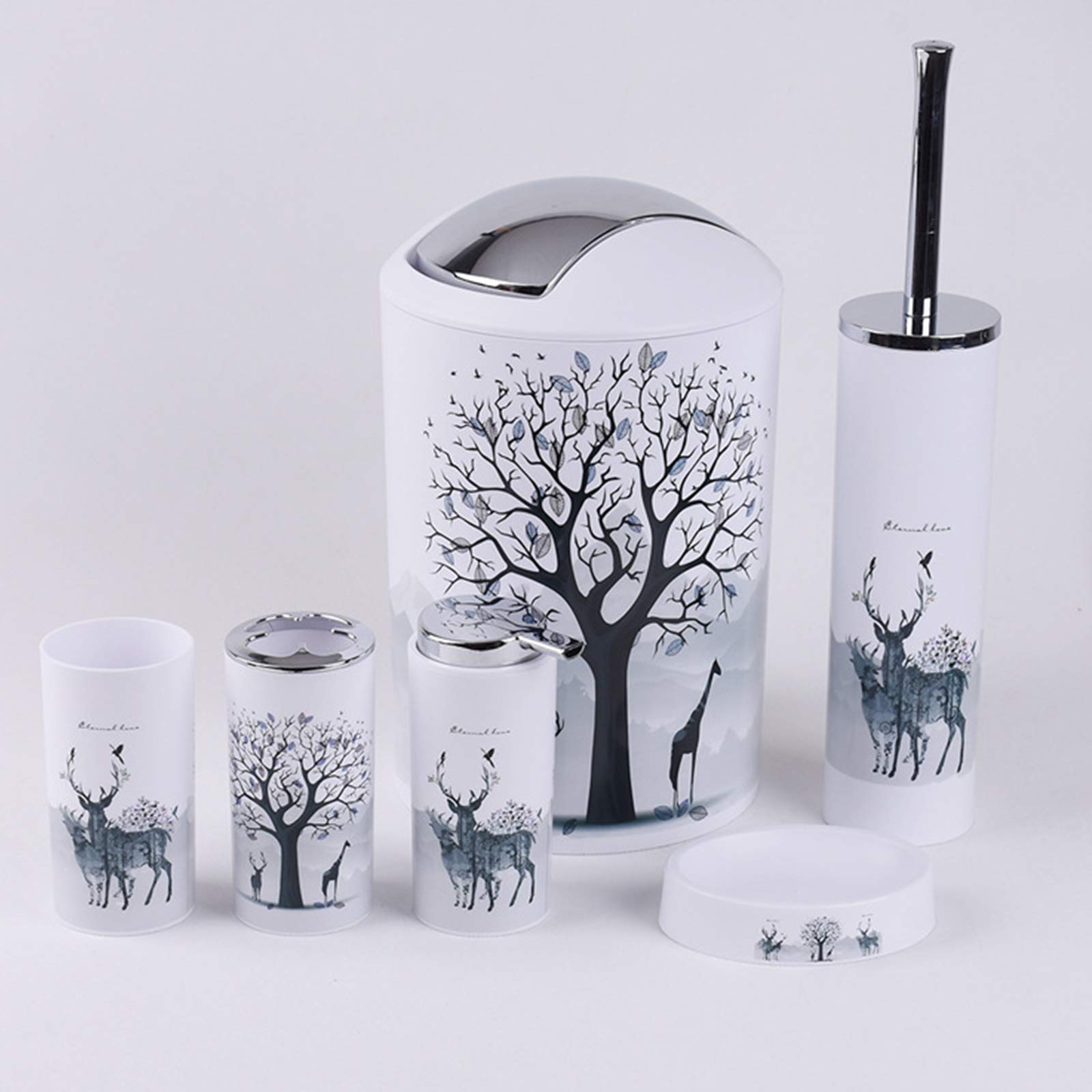 6-Piece Plastic Bathroom Accessory Set - White Soap Dispenser, Toothbrush Holder, Toothbrush Cup, Soap Dish, Toilet Brush & Trash Can | Perfect for Bathroom Organization & Home Decor