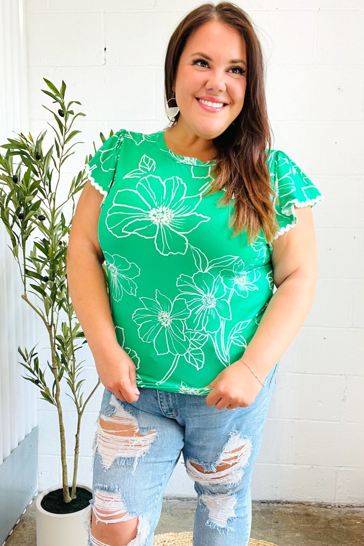 Follow Me Emerald Floral Ric Rac Trim Flutter Sleeve Blouse - Elegant Women's Fashion Top for Parties, Dates & Summer Outfits