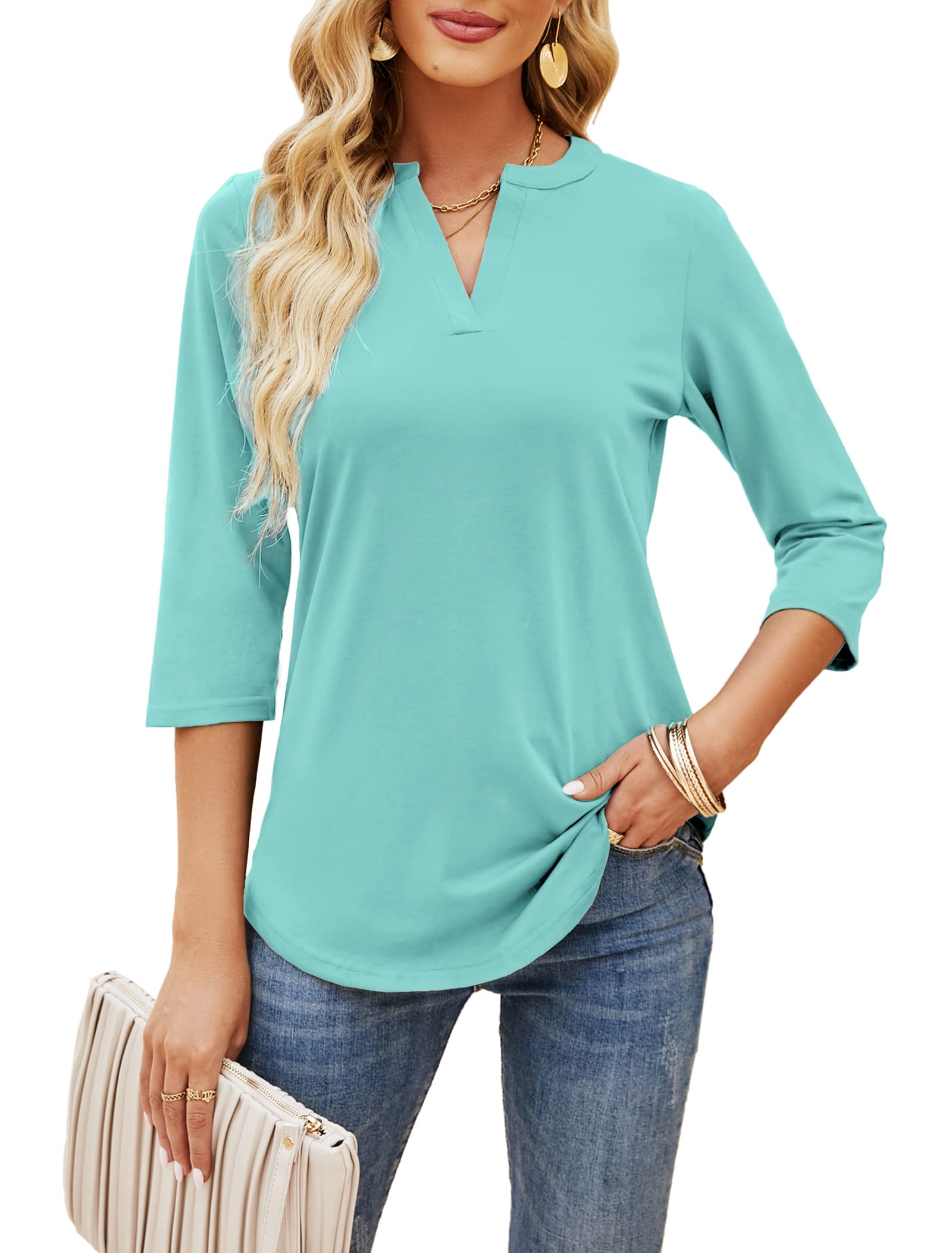 Sherosa Women's 3/4 Sleeve V-Neck Casual Henley Blouse - Soft Work Tops for Office, Spring Outfits & Everyday Wear