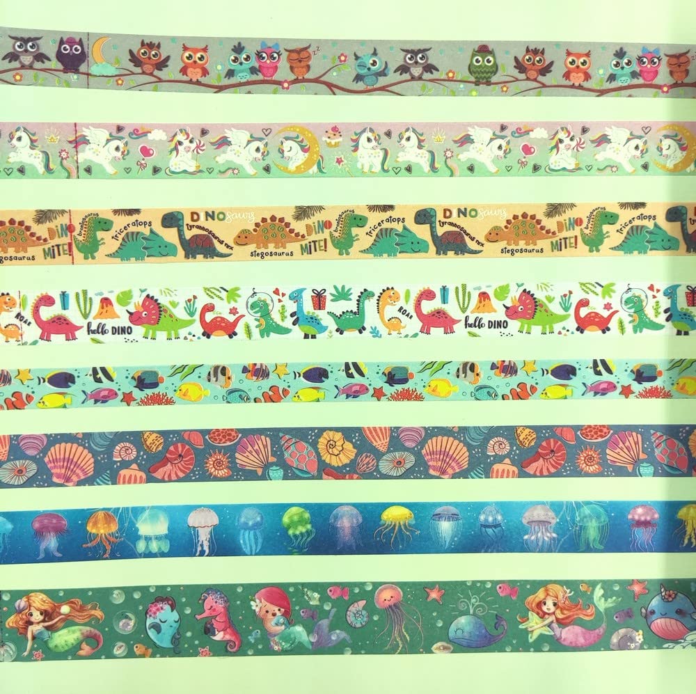 Glow in The Dark Washi Tape Set - 8 Rolls Cute Creatures Decorative Masking Tapes for DIY Crafts, Scrapbooking, Journaling, Planner Decor & Gift Wrapping | Perfect for Nighttime Projects, Kids' Rooms & Creative Arts
