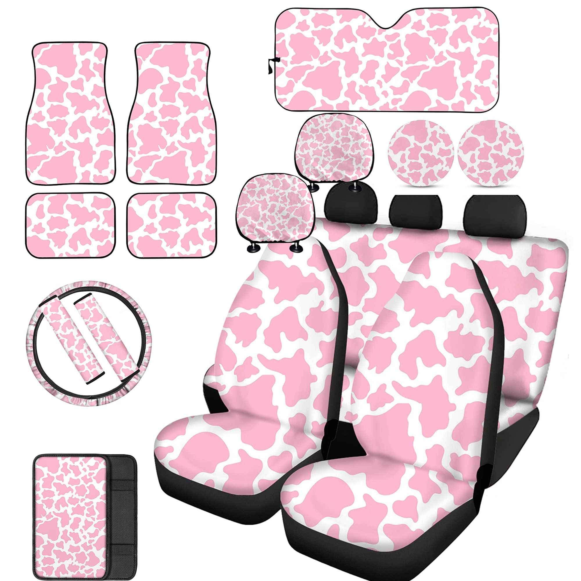 FUIBENG Pink White Cow Print Car Seat Cover Set - Includes Steering Wheel Cover, Armrest Cushion, Seatbelt Pad, Headrest Covers & More | Cute Animal Print Car Accessories for Women | Perfect for Daily Commute, Road Trips & Car Interior Protection