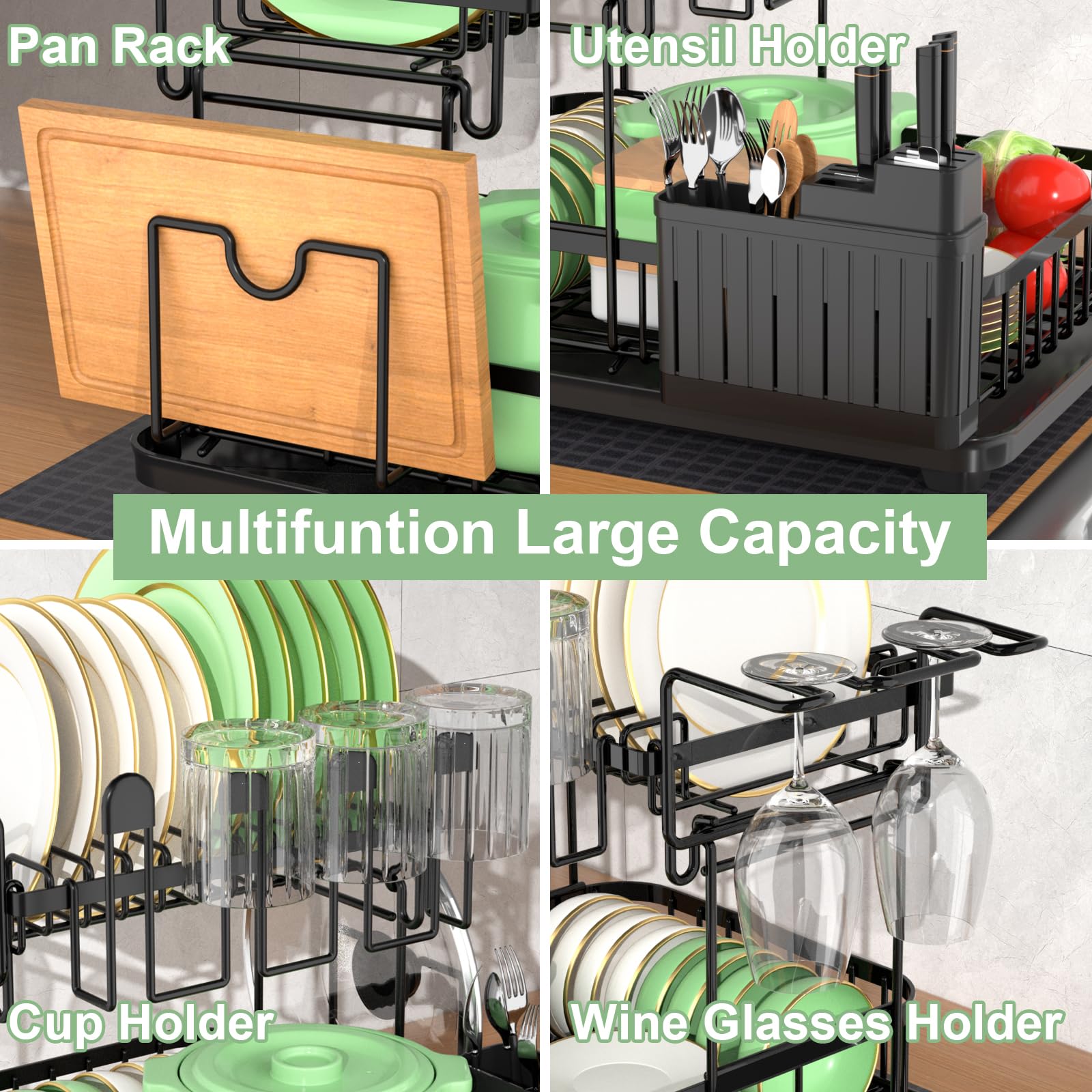 **Large 2-Tier Dish Drying Rack & Drainboard Set for Kitchen Counter - Black Dish Drainer with Utensil, Pot, Knife & Cutting Board Holders + Drying Mat - Perfect for Small Spaces, Apartments & Organized Kitchens**