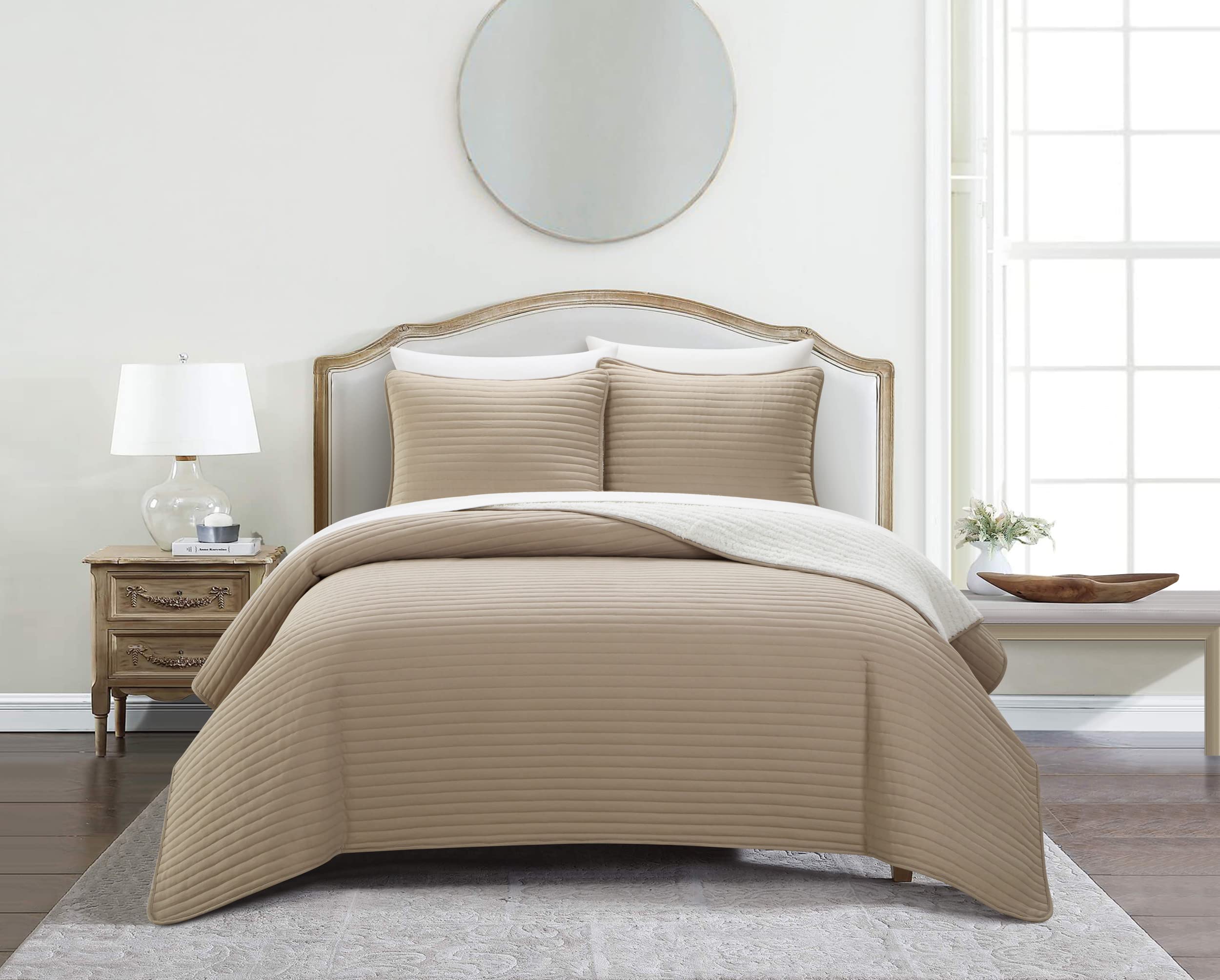 Chic Home St Paul 3-Piece Quilt Set - Contemporary Striped Sherpa-Lined Bedding with Pillow Shams | King Size Taupe | Cozy Winter Bedroom Upgrade for Master & Guest Rooms