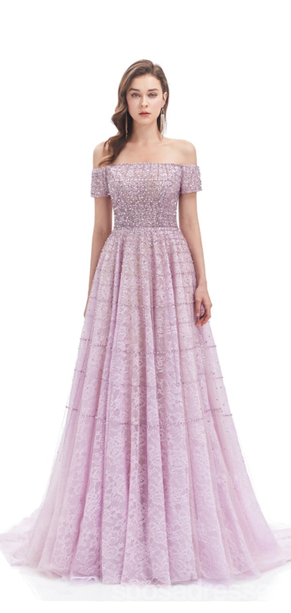 Elegant Lilac A-Line Short Sleeve Off-Shoulder Long Prom Dress for Women - Perfect for Homecoming, Graduation & Formal Events
